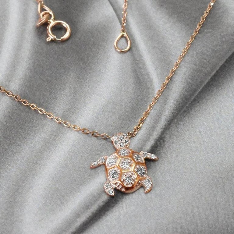 Women's or Men's 14k Gold Diamond Turtle Charm Necklace Diamond Turquoise Pendant Necklace For Sale