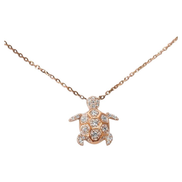 14k Gold Diamond Turtle Charm Necklace Diamond Turquoise Pendant Necklace For Sale
