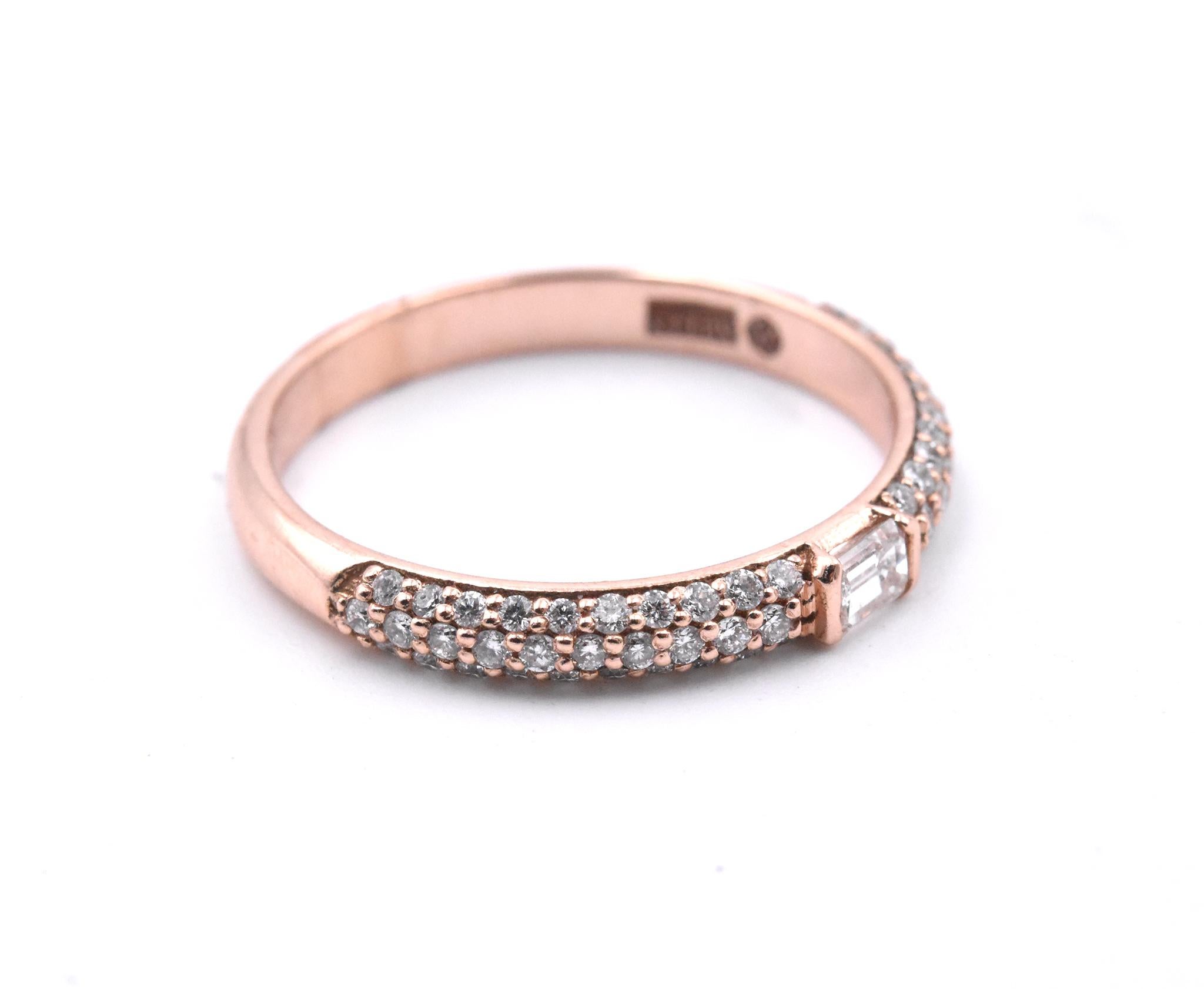 Designer: The Estate Watch and Jewelry
Material: 14k rose gold
Center Diamond: 1 emerald cut diamond = 0.13cttw
Diamonds: pave set diamonds = 0.30cttw
Size: 6 ½ (please allow two additional shipping days for sizing requests)  
Dimensions: ring