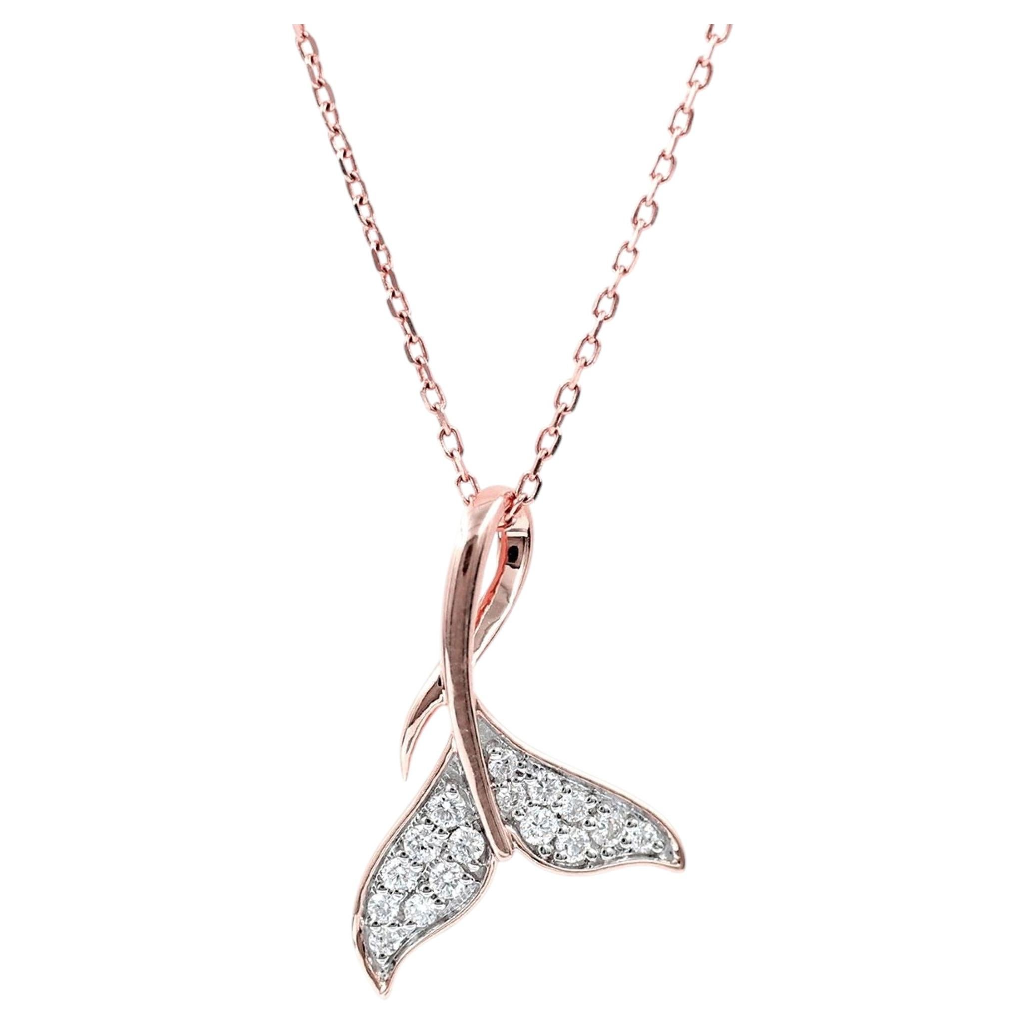 14K Rose Gold Diamond Whale Tail Fluke Pendant Necklace For Sale