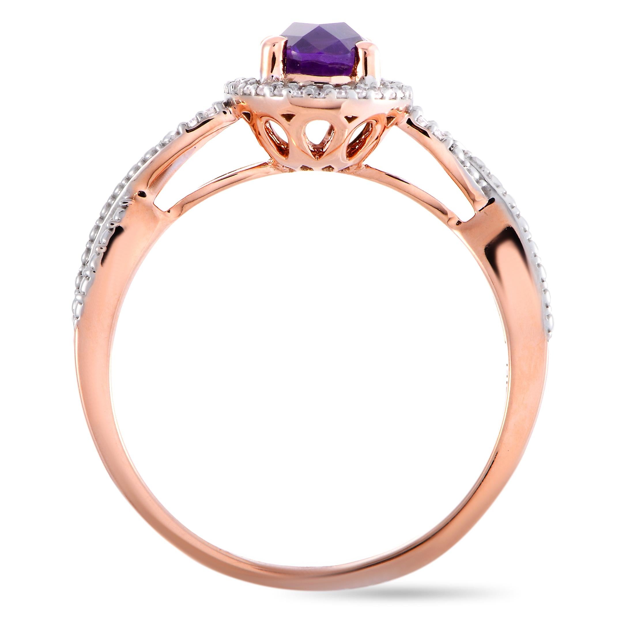 This ring is made of 14K rose gold and weighs 2.8 grams, boasting band thickness of 2 mm and top height of 6 mm, while top dimensions measure 10 by 8 mm. The ring is set with an amethyst and a total of 0.10 carats of diamonds.
 
 Offered in brand
