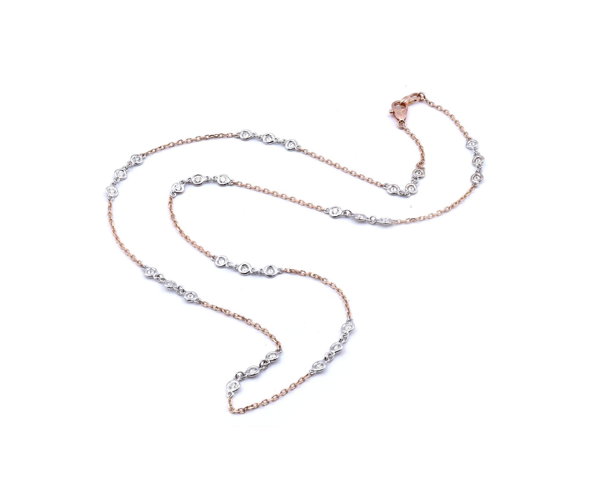 Designer: custom
Material: 14K rose gold
Diamonds: 30 round brilliant cut = .90cttw
Color: G
Clarity: VS
Dimensions: necklace measures 18-inches
Weight: 3.72 grams