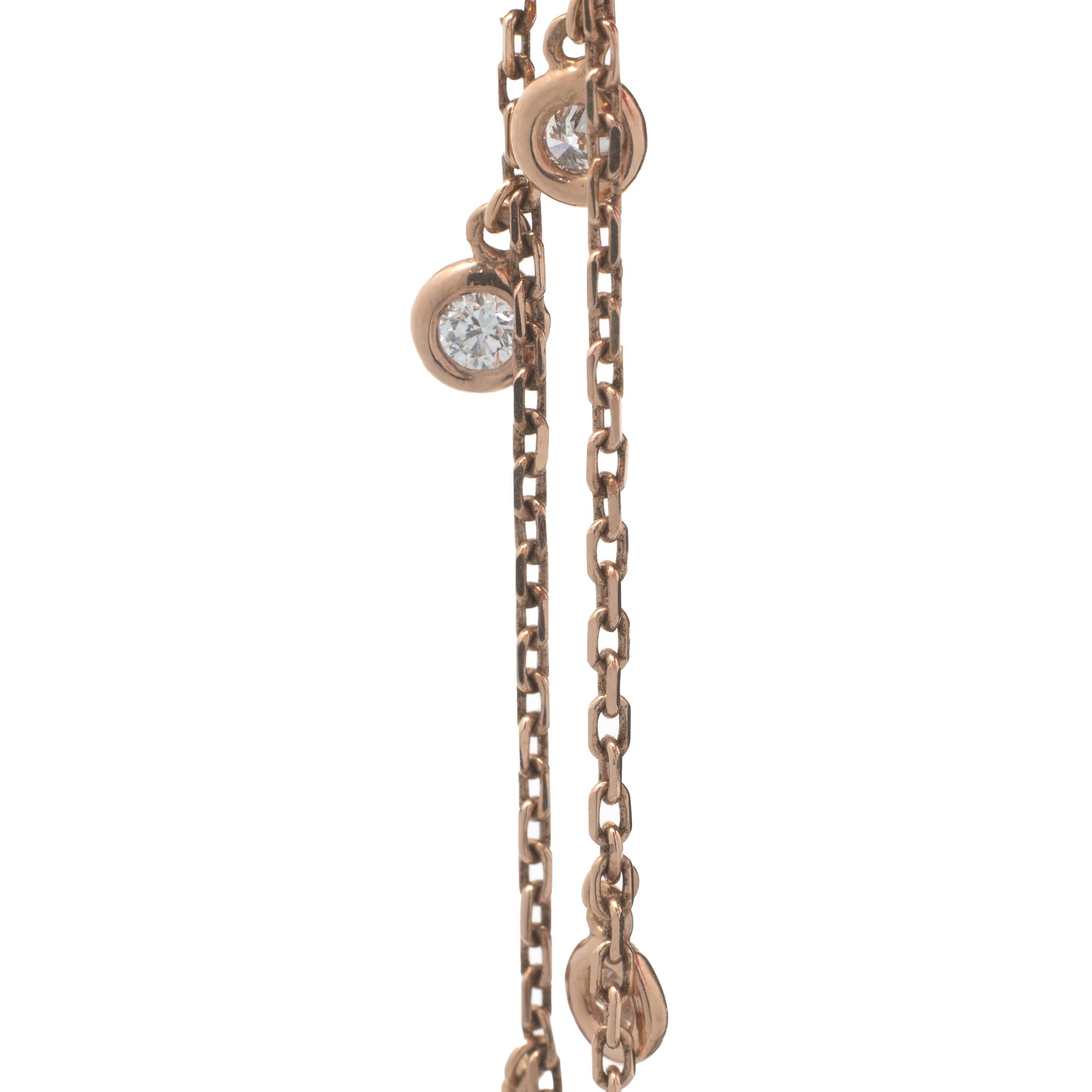 Designer: custom 
Material: 14k rose gold
Diamonds:  7 round cuts= 0.32cttw
Color: H
Clarity: SI1
Dimensions: necklace measures 17.50-inches in length
Weight: 3.06 grams
