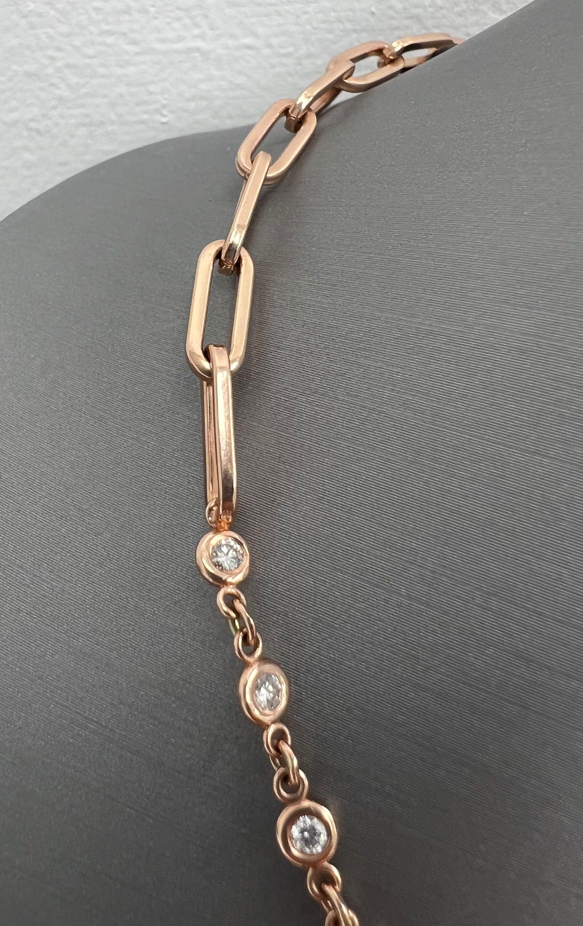 14 Karat Roségold Diamanten by the Yard Halskette mit Papier-Clip Kette (Rundschliff) im Angebot