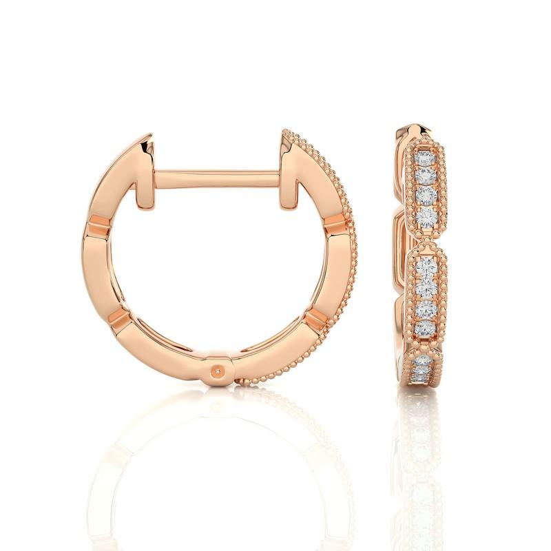 Round Cut 14K Rose Gold Diamonds Huggie Earring -0.1 CTW For Sale