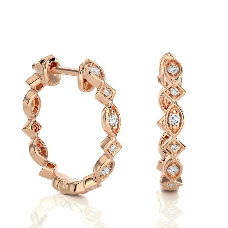 Modern 14K Rose Gold Diamonds Huggie Earring -0.13 CTW For Sale