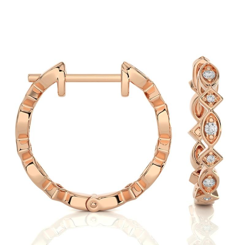 Round Cut 14K Rose Gold Diamonds Huggie Earring -0.13 CTW For Sale