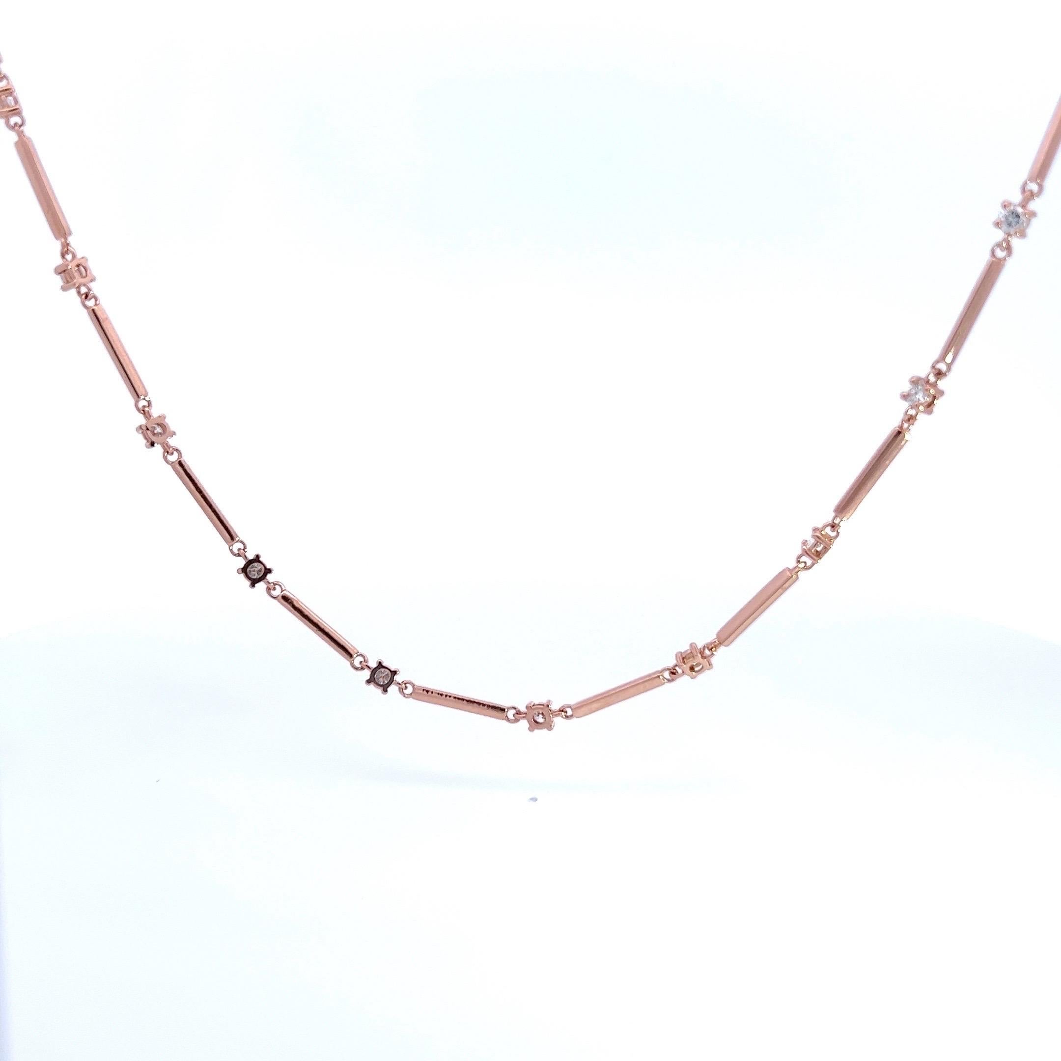 14 Karat Roségold Diamanten-Halskette mit 2,01 natürlichen Diamanten in einer Goldbar-Kette im Angebot 2