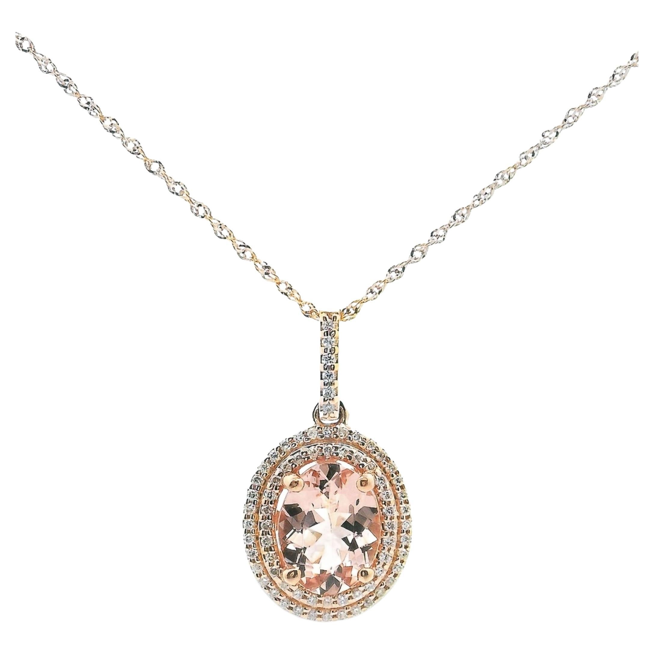 14K Rose Gold Double Halo Pendant Necklace with Morganite