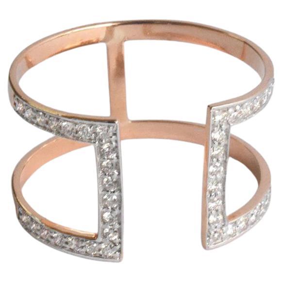 14k Rose Gold Double Row Diamond Ring Two Band Ring Parallel Open Bar Diamond