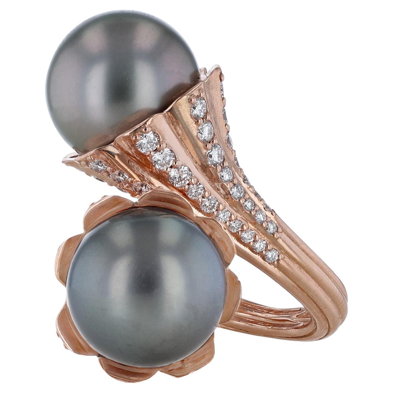 14K Rose Gold Double Tahitian Pearl Diamond Wrap Ring For Sale