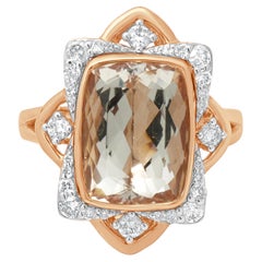 14K Rose Gold Elongated Cushion Cut Morganite and Round Diamond Ring