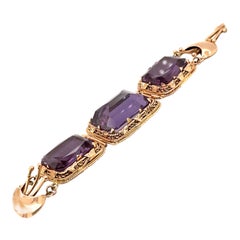 14K Rose Gold Emerald Cut Amethyst Three Stone Bracelet