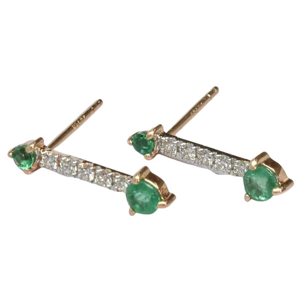 14k Rose Gold Emerald Earrings with Round Diamond Stud Earrings