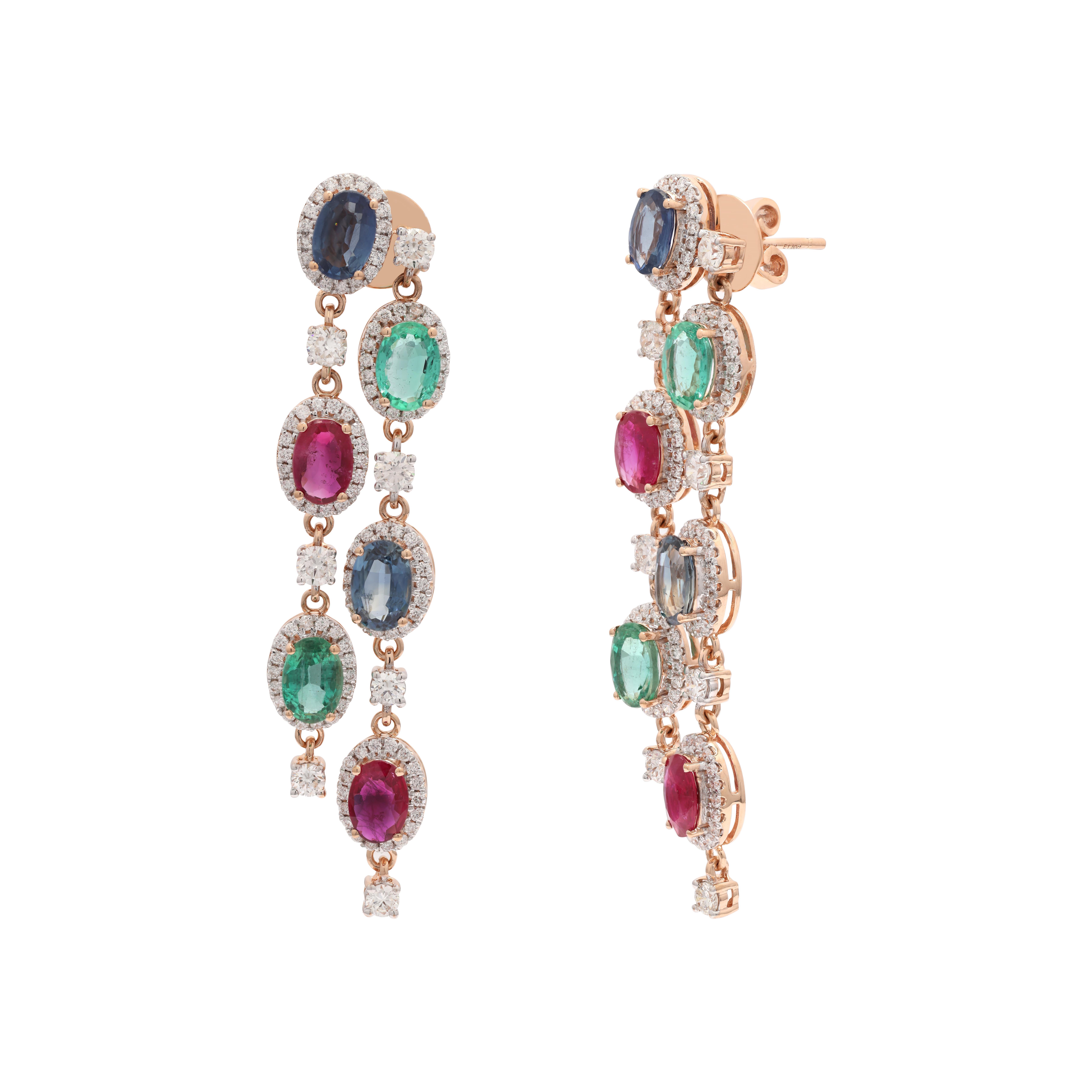 Art Deco 14K Rose Gold Emerald Ruby and Blue Sapphire Dangle Earrings with Diamonds For Sale