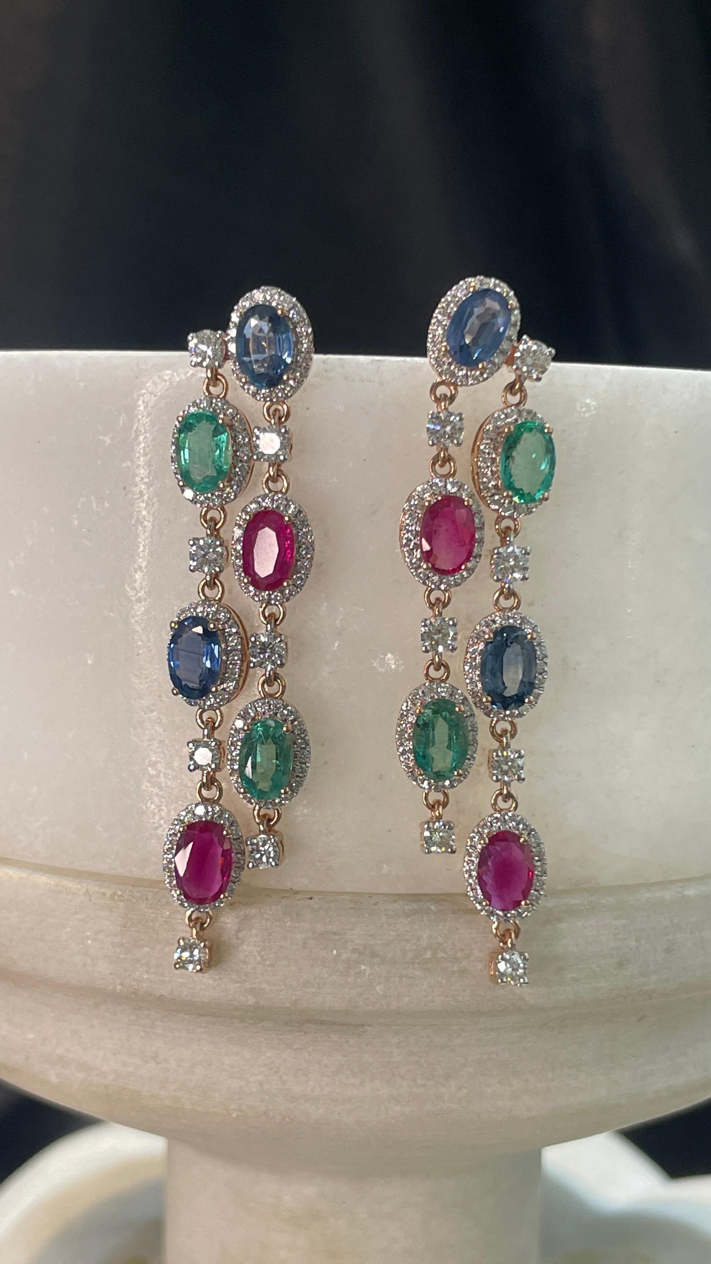 Oval Cut 14K Rose Gold Emerald Ruby and Blue Sapphire Dangle Earrings with Diamonds  For Sale