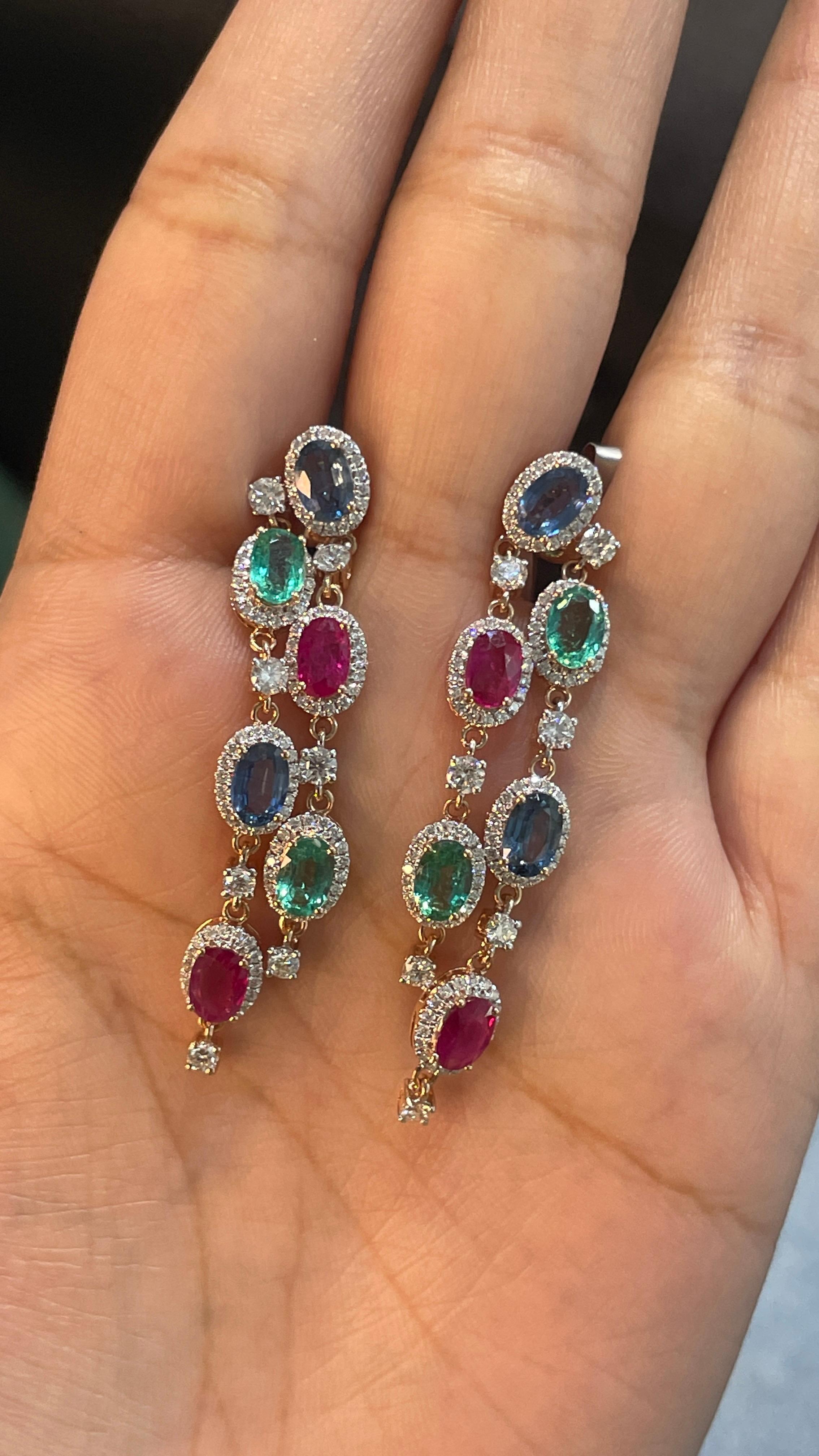 14K Rose Gold Emerald Ruby and Blue Sapphire Dangle Earrings with Diamonds  In New Condition For Sale In Houston, TX