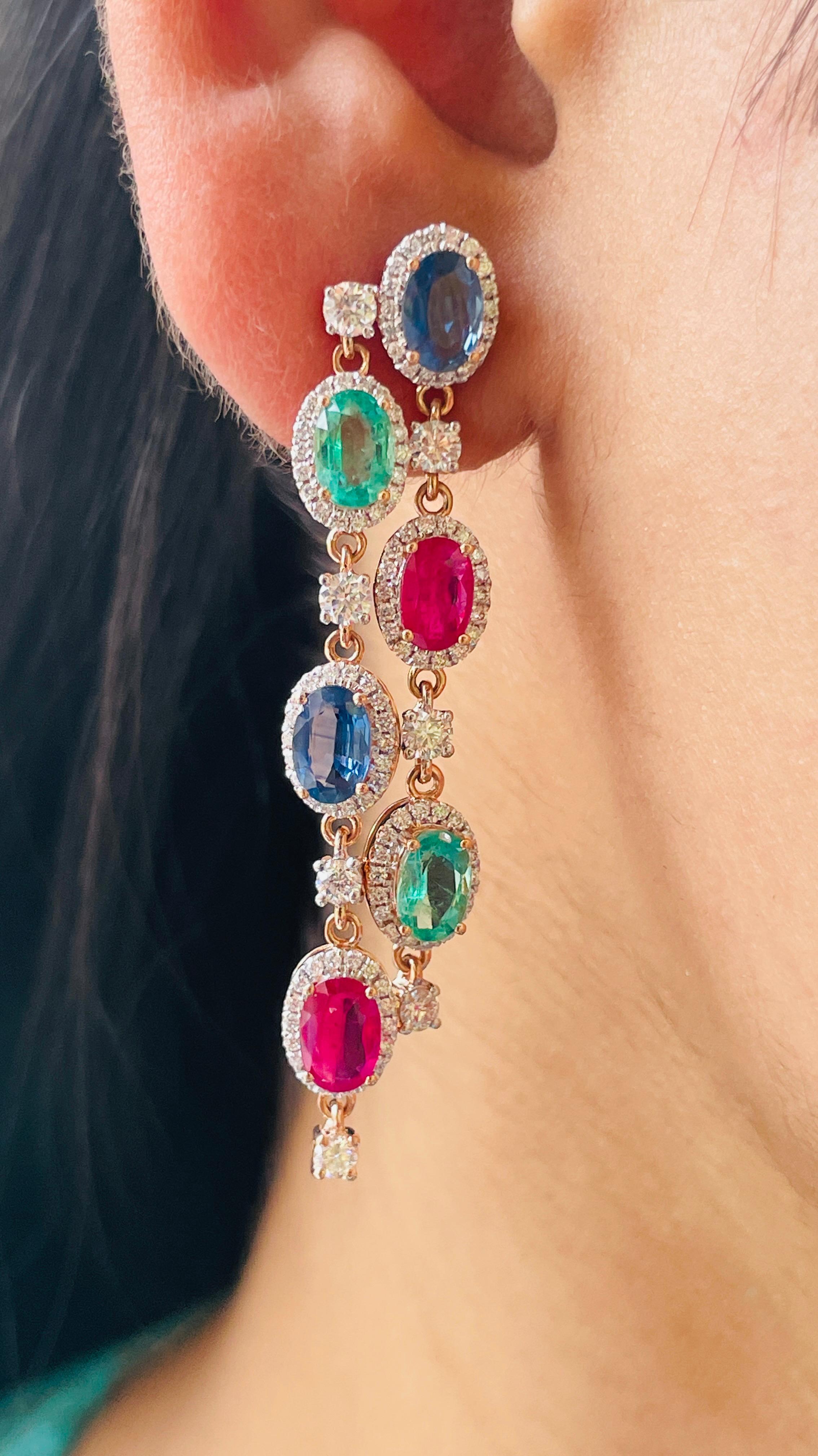 Women's 14K Rose Gold Emerald Ruby and Blue Sapphire Dangle Earrings with Diamonds  For Sale