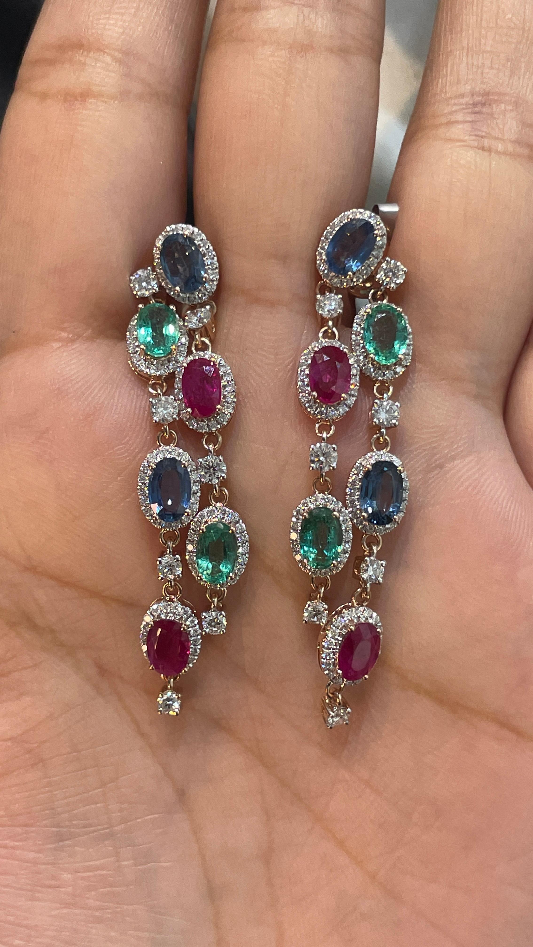 14K Rose Gold Emerald Ruby and Blue Sapphire Dangle Earrings with Diamonds For Sale 1