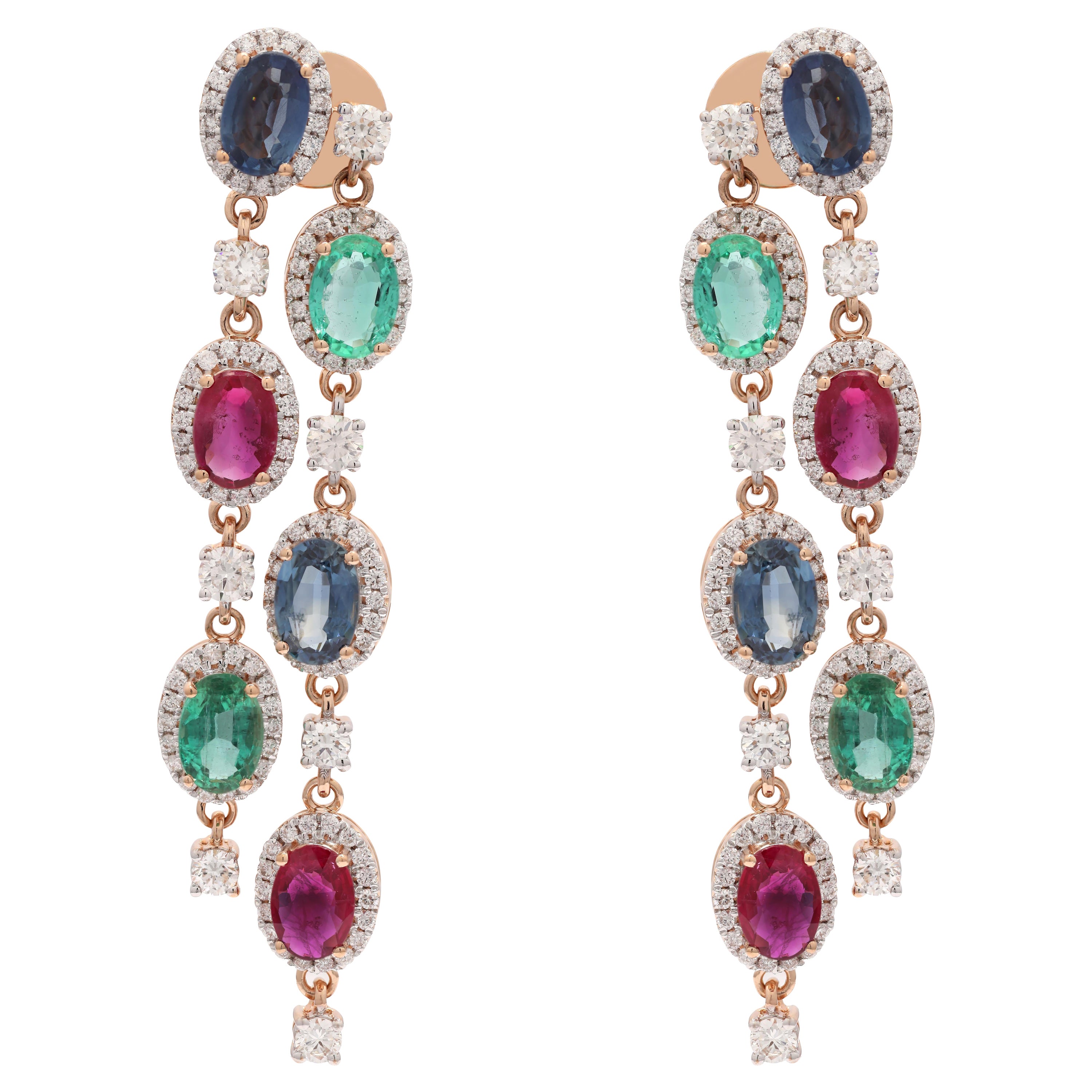 Pendants d'oreilles en or rose 14 carats avec émeraudes, rubis et saphirs bleus et diamants en vente