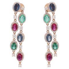 Pendants d'oreilles en or rose 14 carats avec émeraudes, rubis et saphirs bleus et diamants
