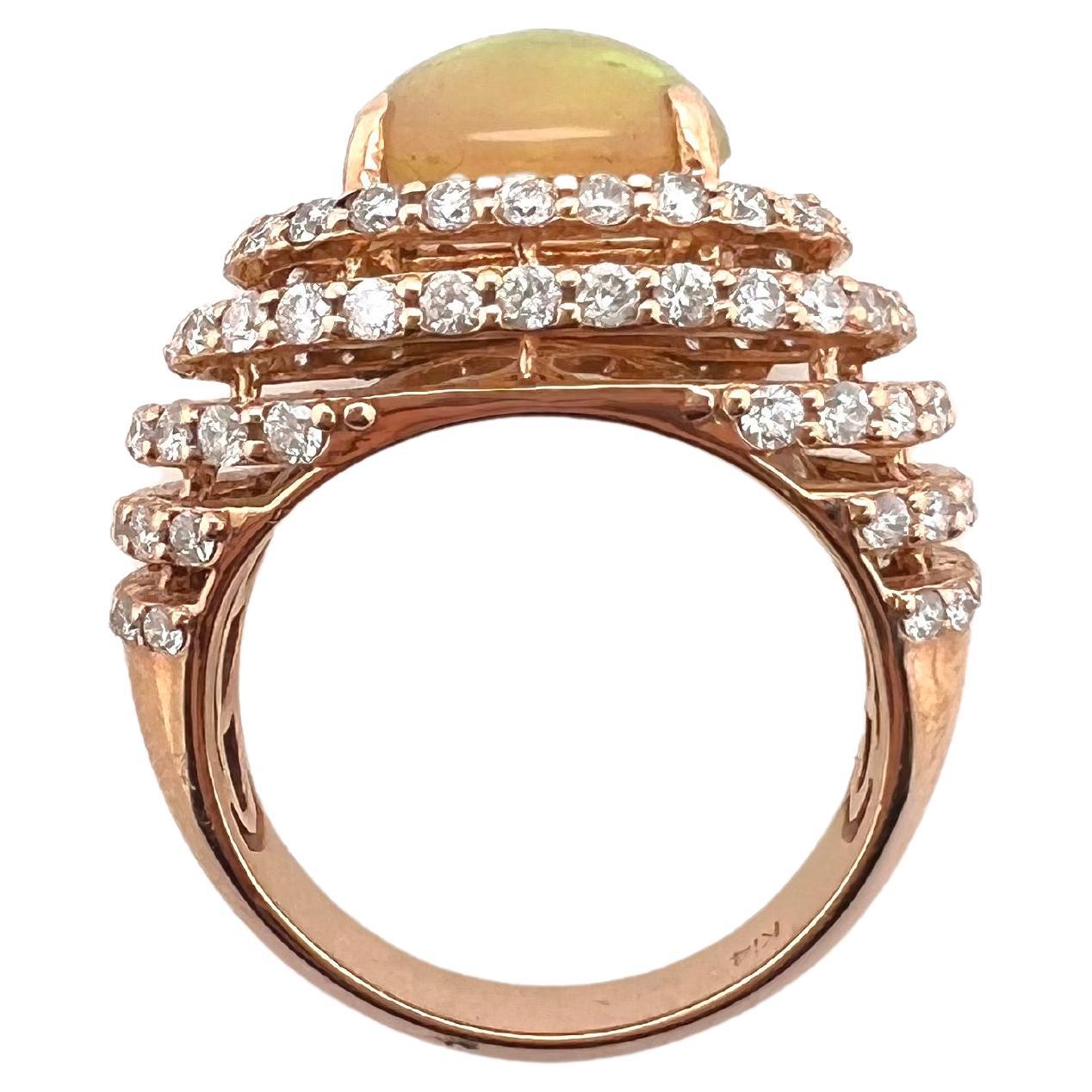 Contemporary 14k Rose Gold Ethiopian Opal Ring with Diamonds For Sale