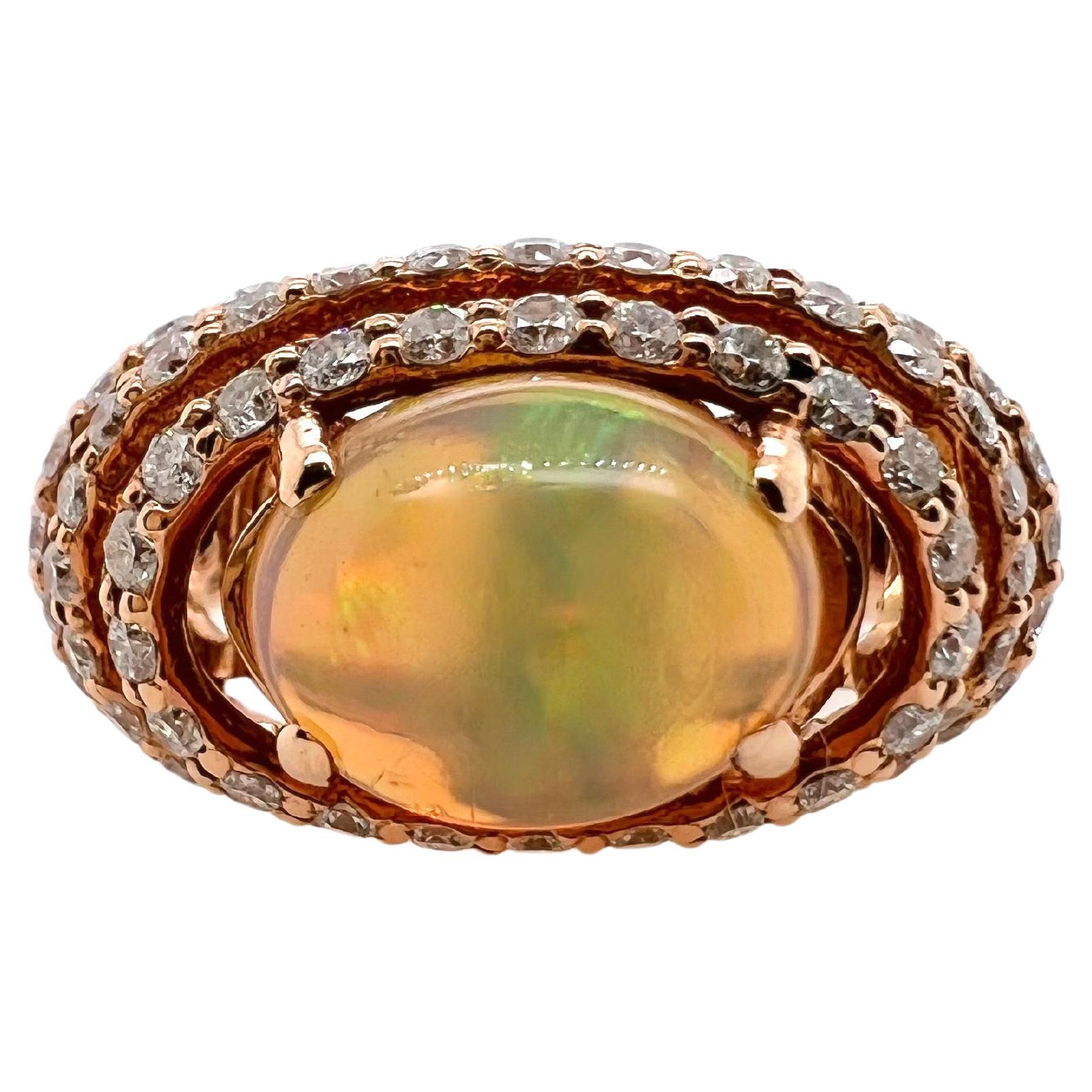 Bague en or rose 14 carats avec opale d'Éthiopie et diamants
