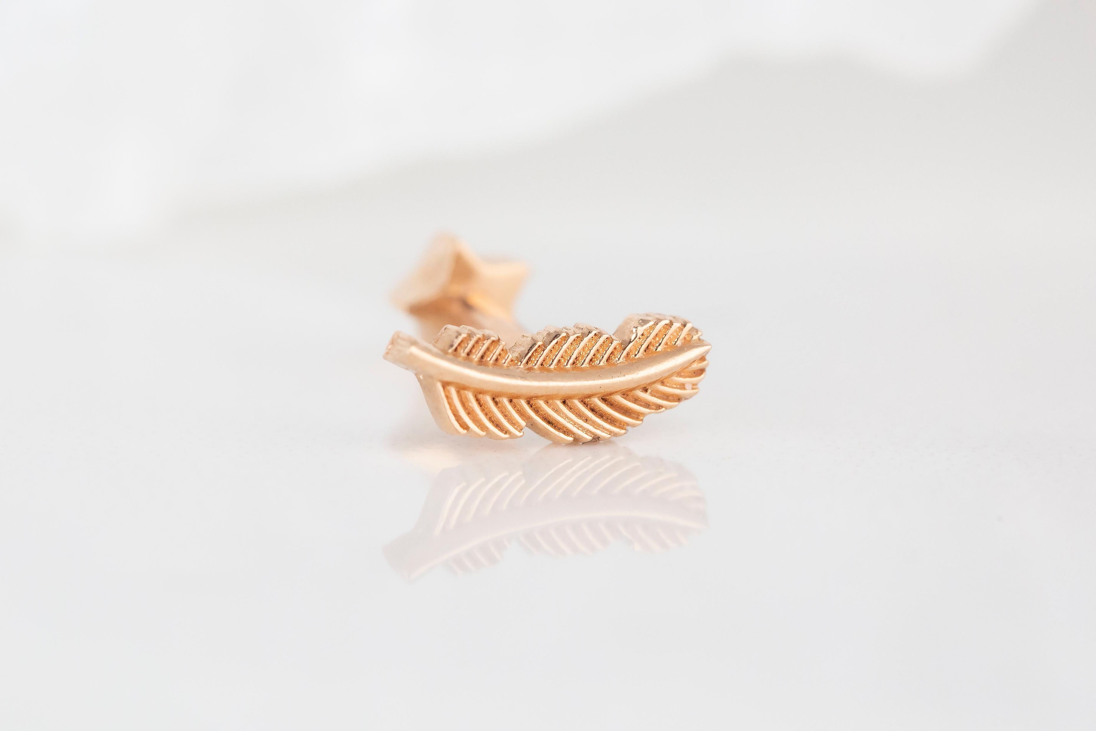 Modern 14K Rose Gold Feather Piercing, Feather Shape Gold Stud Earring For Sale