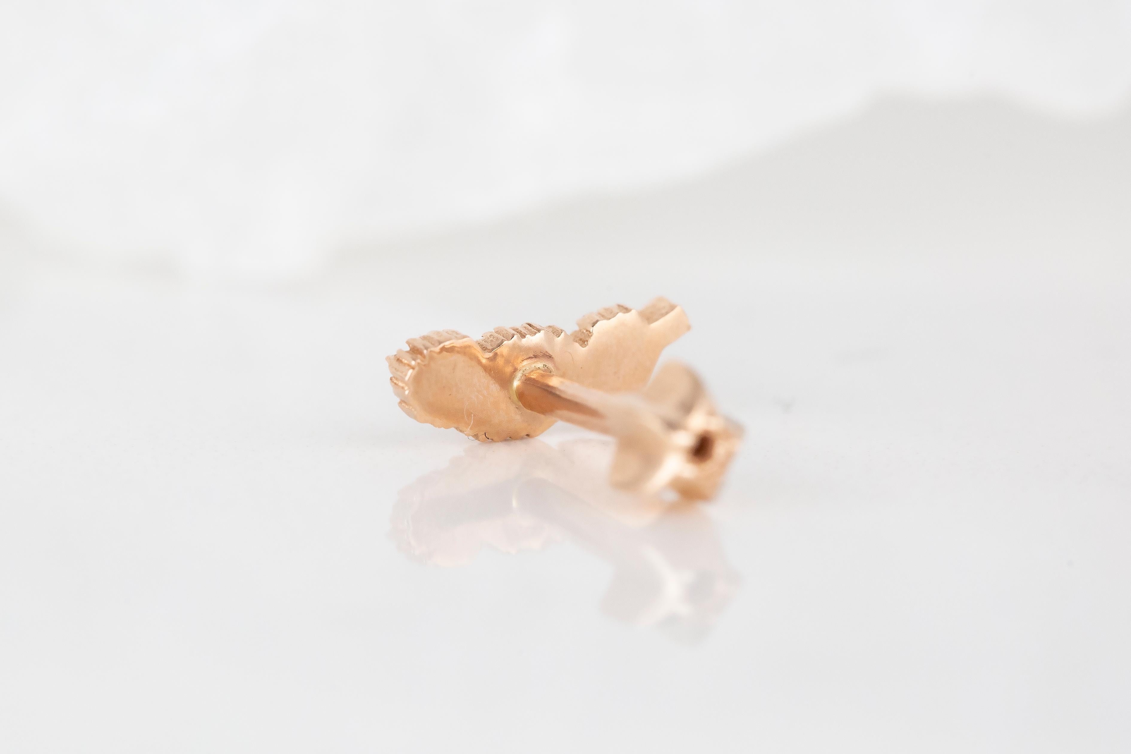 14K Rose Gold Feather Piercing, Feather Shape Gold Stud Earring In New Condition For Sale In ISTANBUL, TR