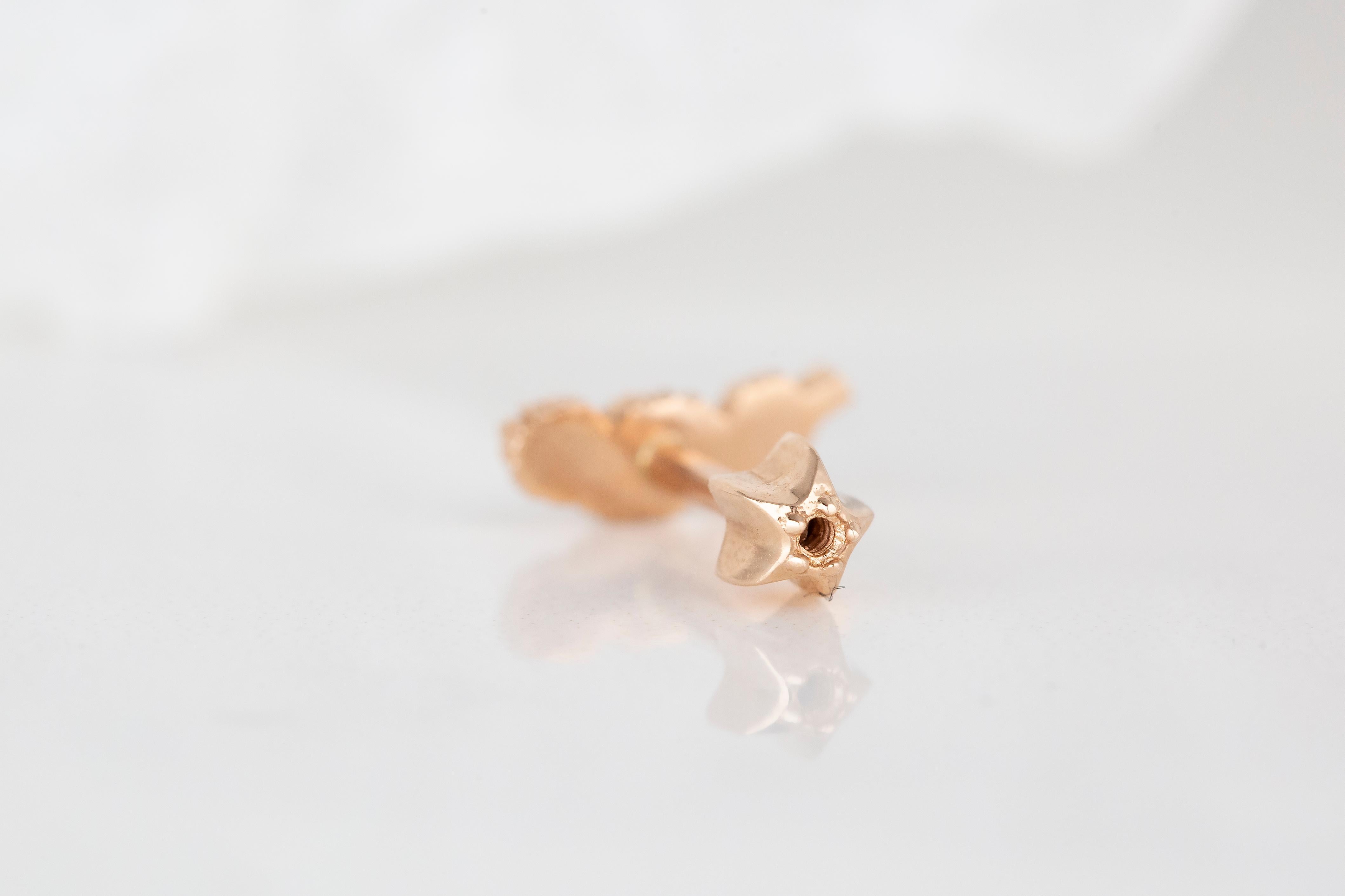 14K Rose Gold Feather Piercing, Feather Shape Gold Stud Earring For Sale 1