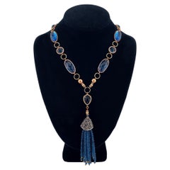 14K Rose Gold-Filled CZ Bezel London Blue Quartz Necklace with Tassel Pendant