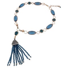 14K Rose Gold-Filled CZ Bezel London Blue Quartz Necklace with Tassel Pendant