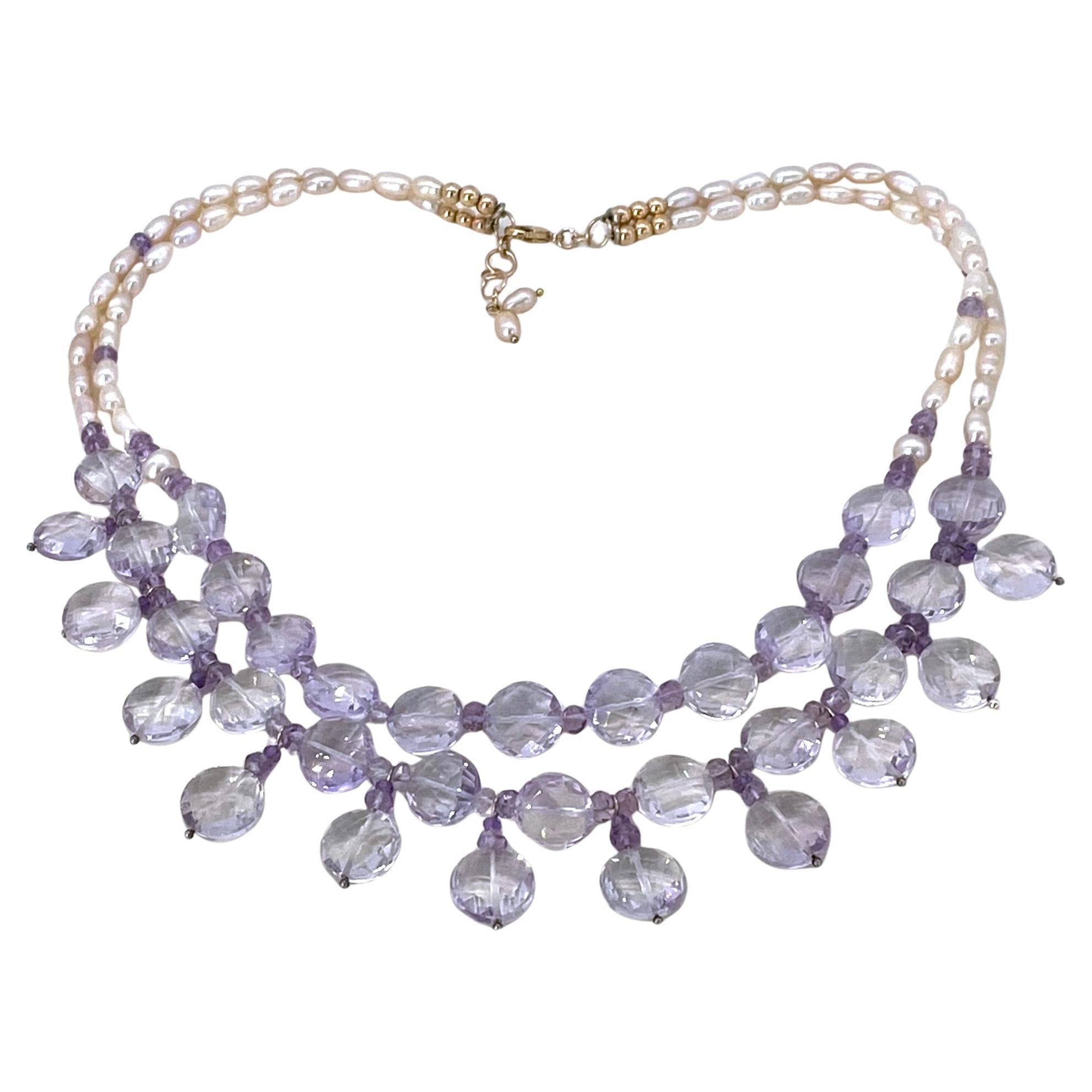 Collana a doppio filo in oro rosa 14K con ametista e perle in vendita