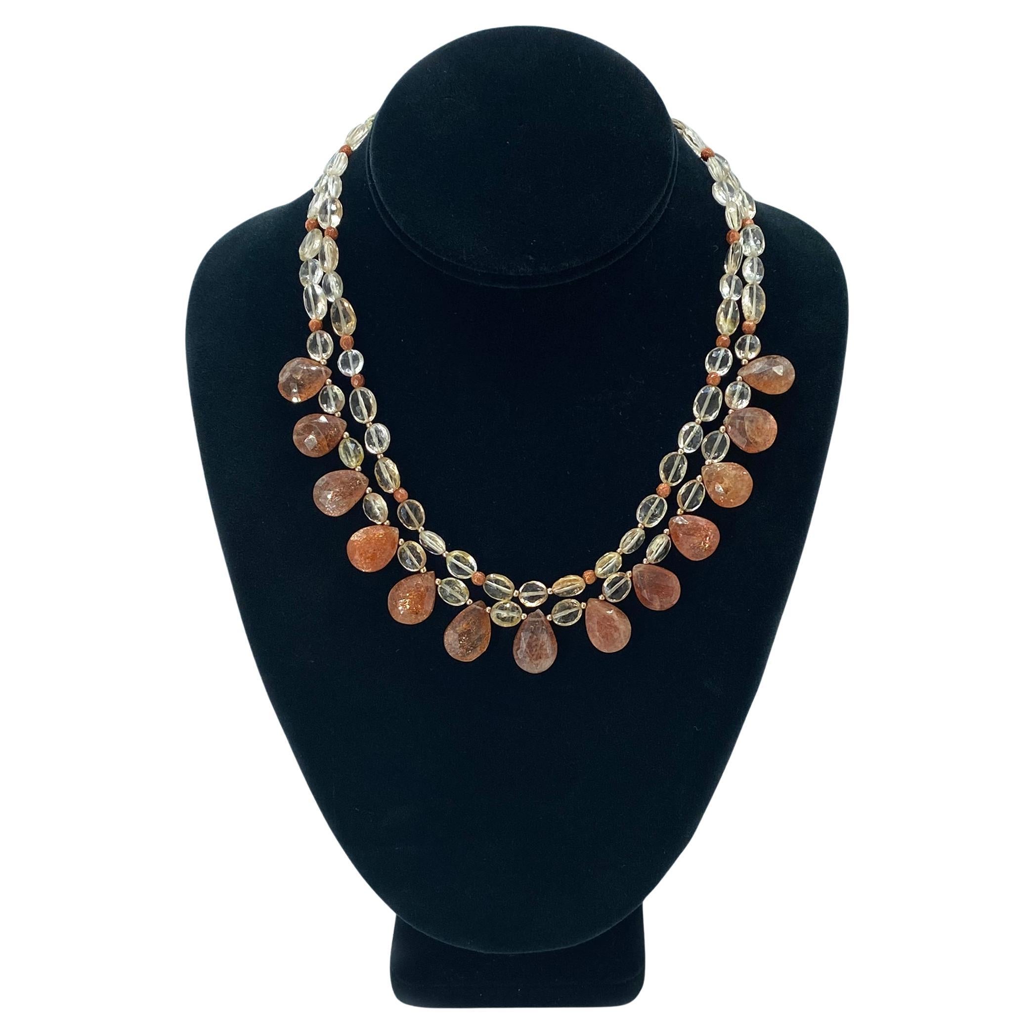 Collana a doppio filo in oro rosa 14K con Topazio e Briolette in pietra solare In condizioni Nuovo in vendita a Atlanta, GA