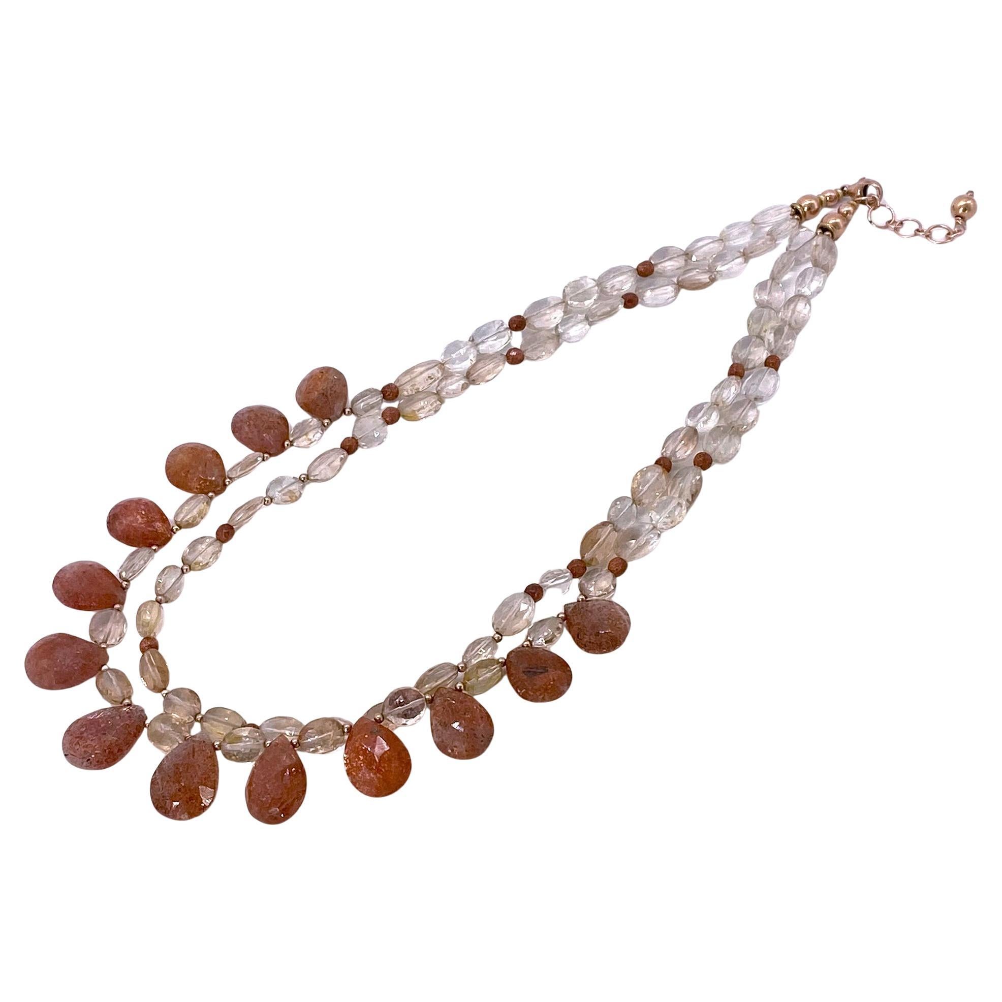 Collana a doppio filo in oro rosa 14K con Topazio e Briolette in pietra solare in vendita 1