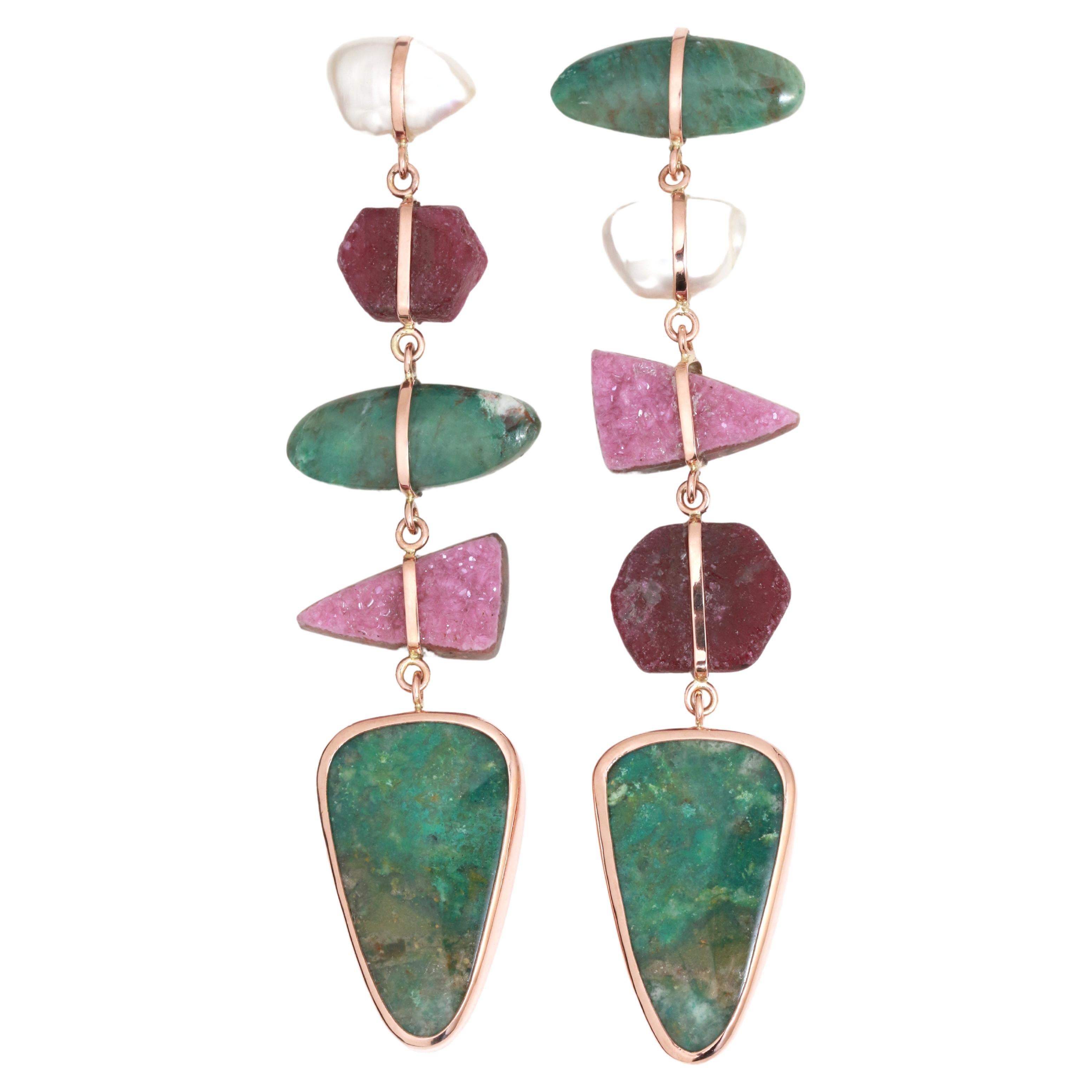 14k Rose Gold Five Drop Pearl, Ruby, Cobalto Calcite, and Chrysocolla Earrings