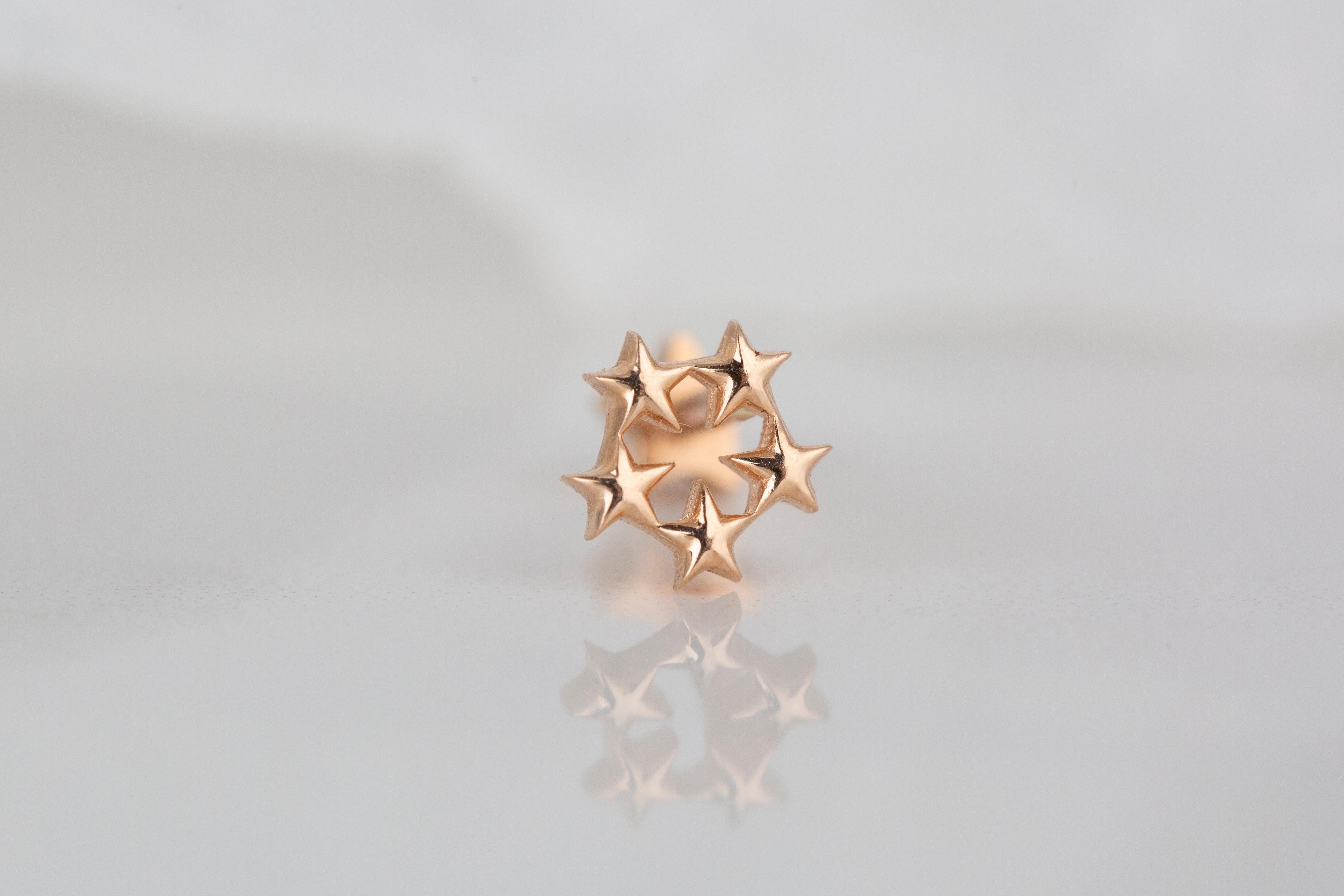 14K Rose Gold Five Stars Piercing, Stars Gold Stud Earring In New Condition For Sale In ISTANBUL, TR