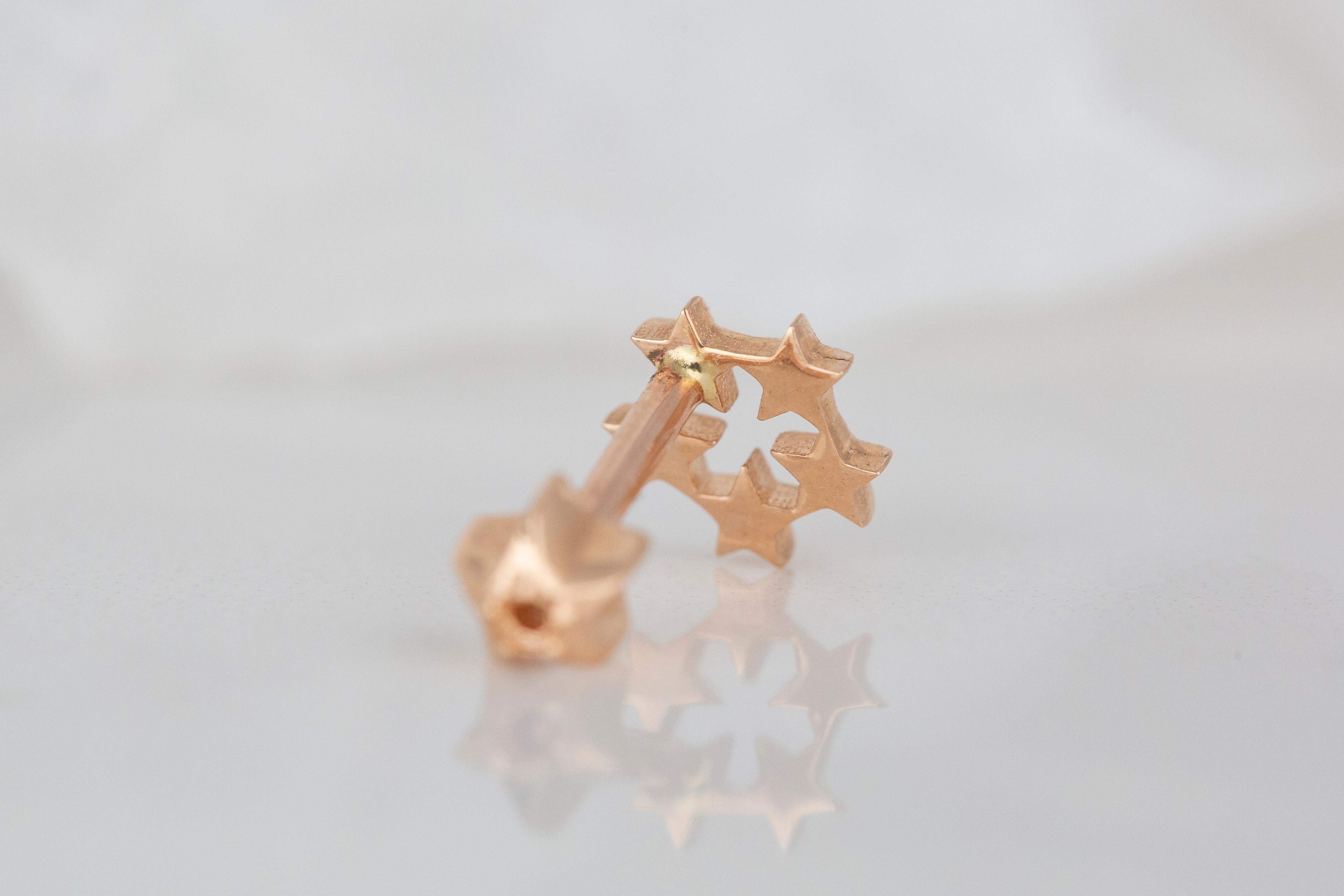 14K Rose Gold Five Stars Piercing, Stars Gold Stud Earring For Sale 2