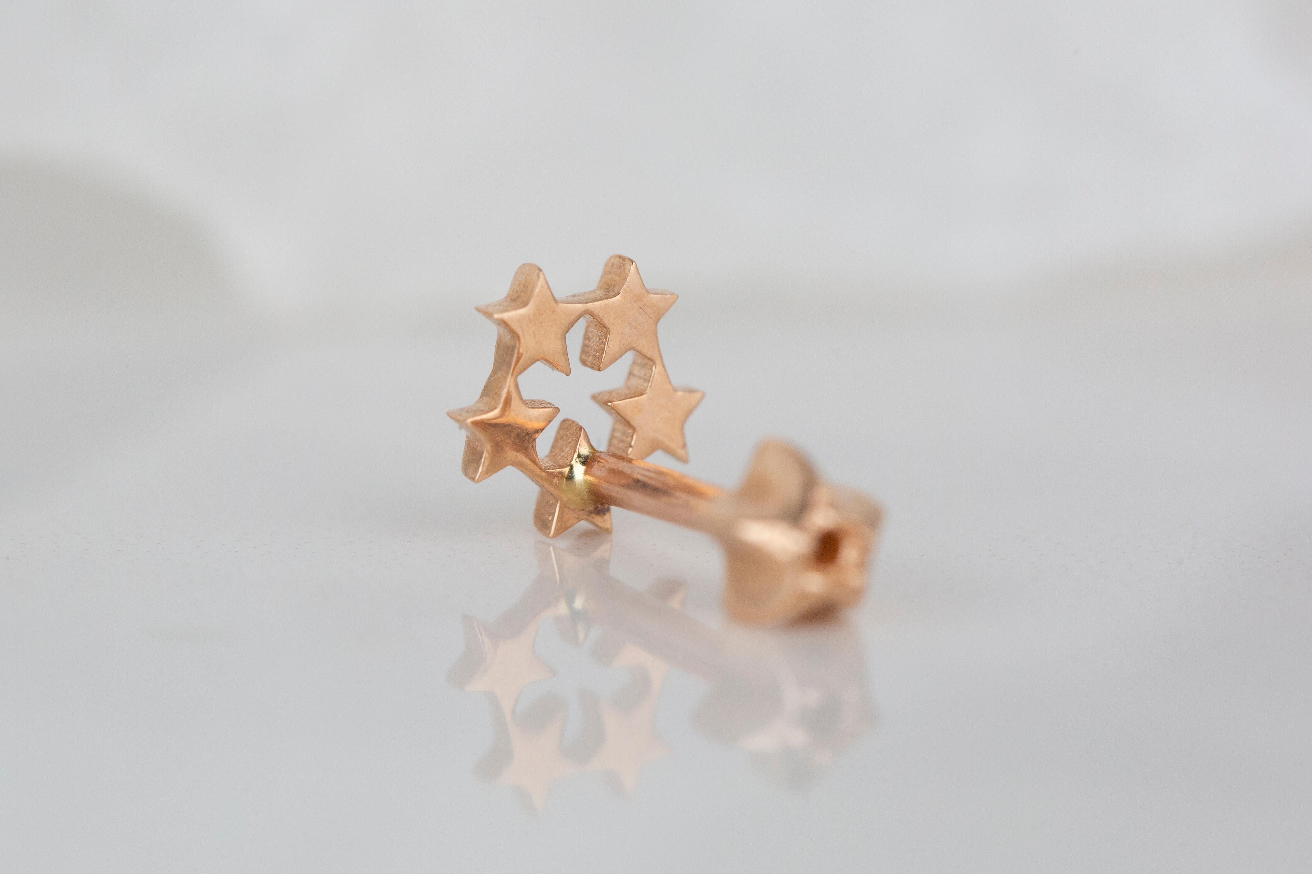 14K Rose Gold Five Stars Piercing, Stars Gold Stud Earring For Sale 3