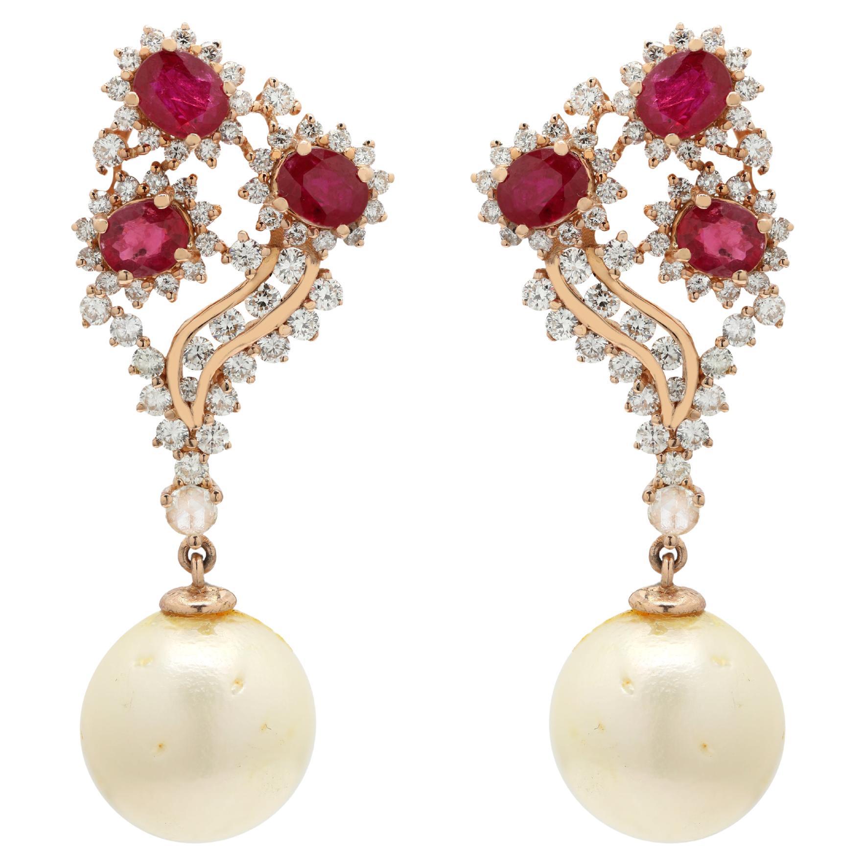 14k Rose Gold Floral 30.42 Ct Ruby and Diamond Earrings with Dangling Pearl For Sale