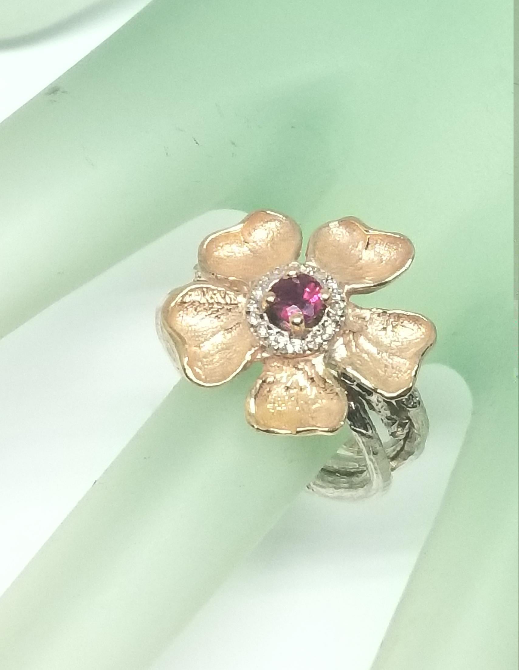 Artist 14 Karat Rose Gold Flower with a Ruby and Diamond Halo