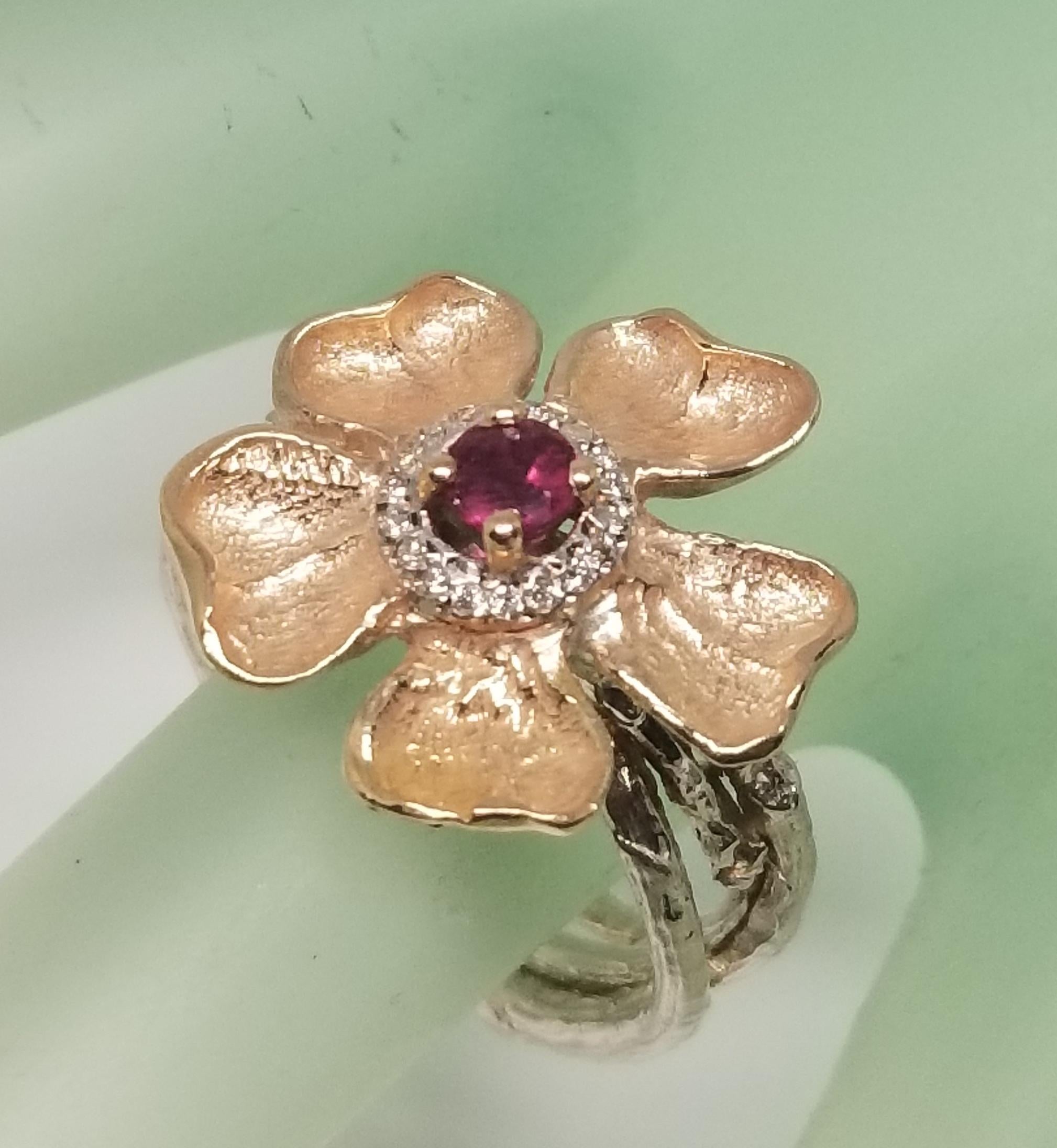 14 Karat Rose Gold Flower with a Ruby and Diamond Halo In New Condition In Los Angeles, CA