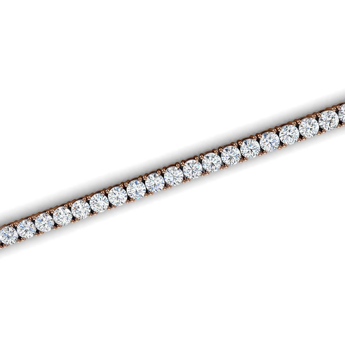 Taille ronde Bracelet tennis à quatre griffes en or rose 14 carats et diamants de 7 carats en vente