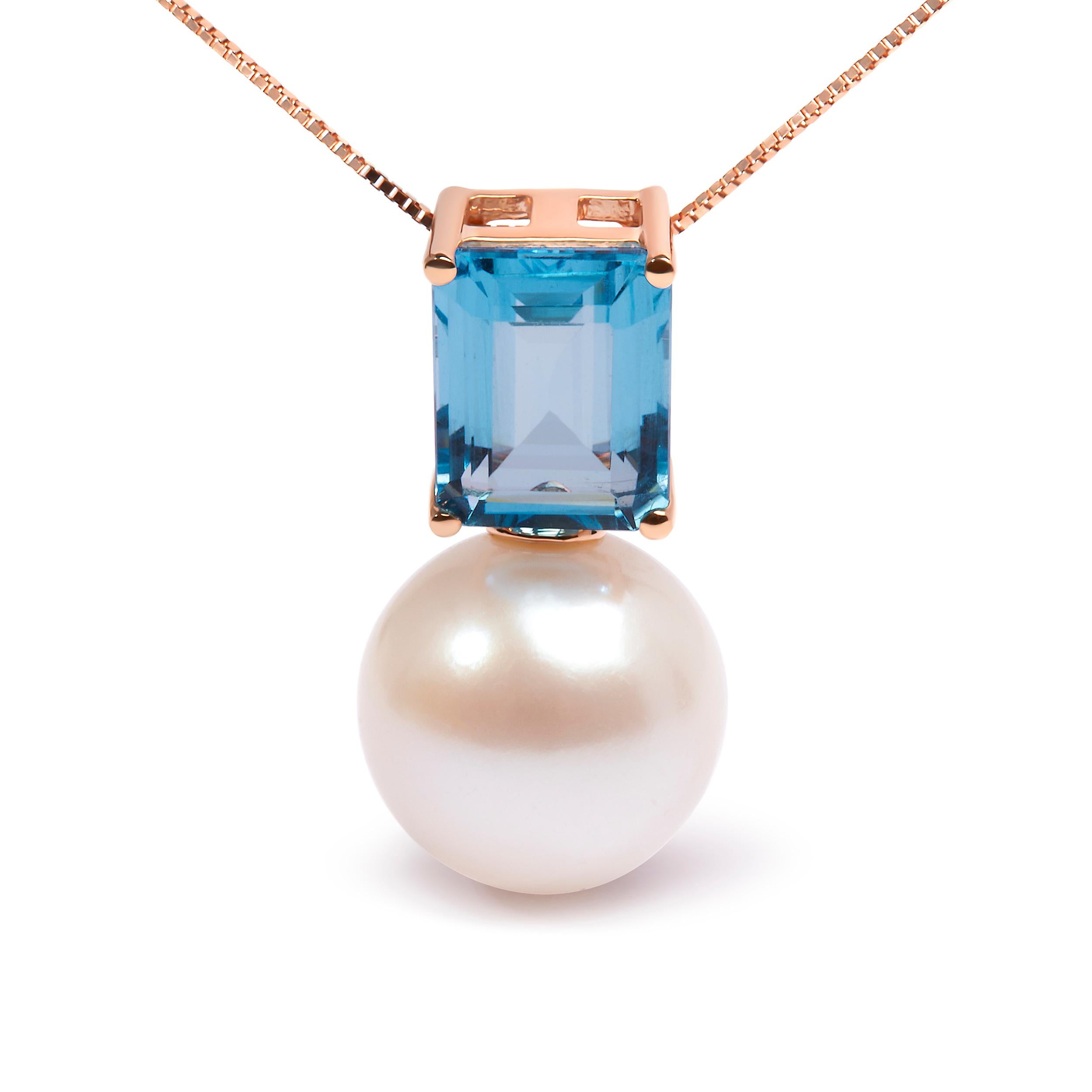 Indulge in the ethereal beauty of this exquisite pendant necklace. Crafted in 14K rose gold, it features a captivating 11mm freshwater pearl, exuding a high-luster glow. Adorning this pearl is a mesmerizing 9x7mm octagon Swiss blue topaz, weighing