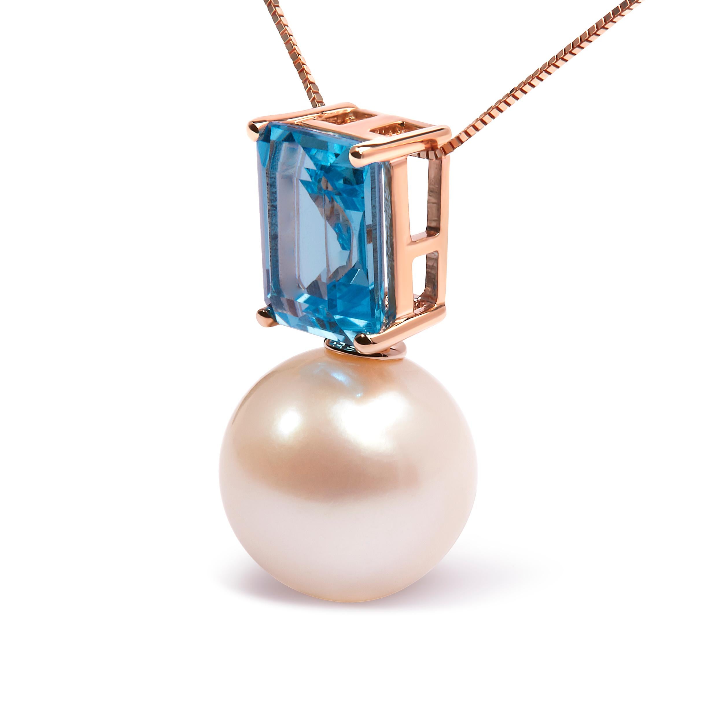 Contemporary 14K Rose Gold Freshwater Pearl and Octagon Swiss Blue Topaz Pendant Necklace For Sale
