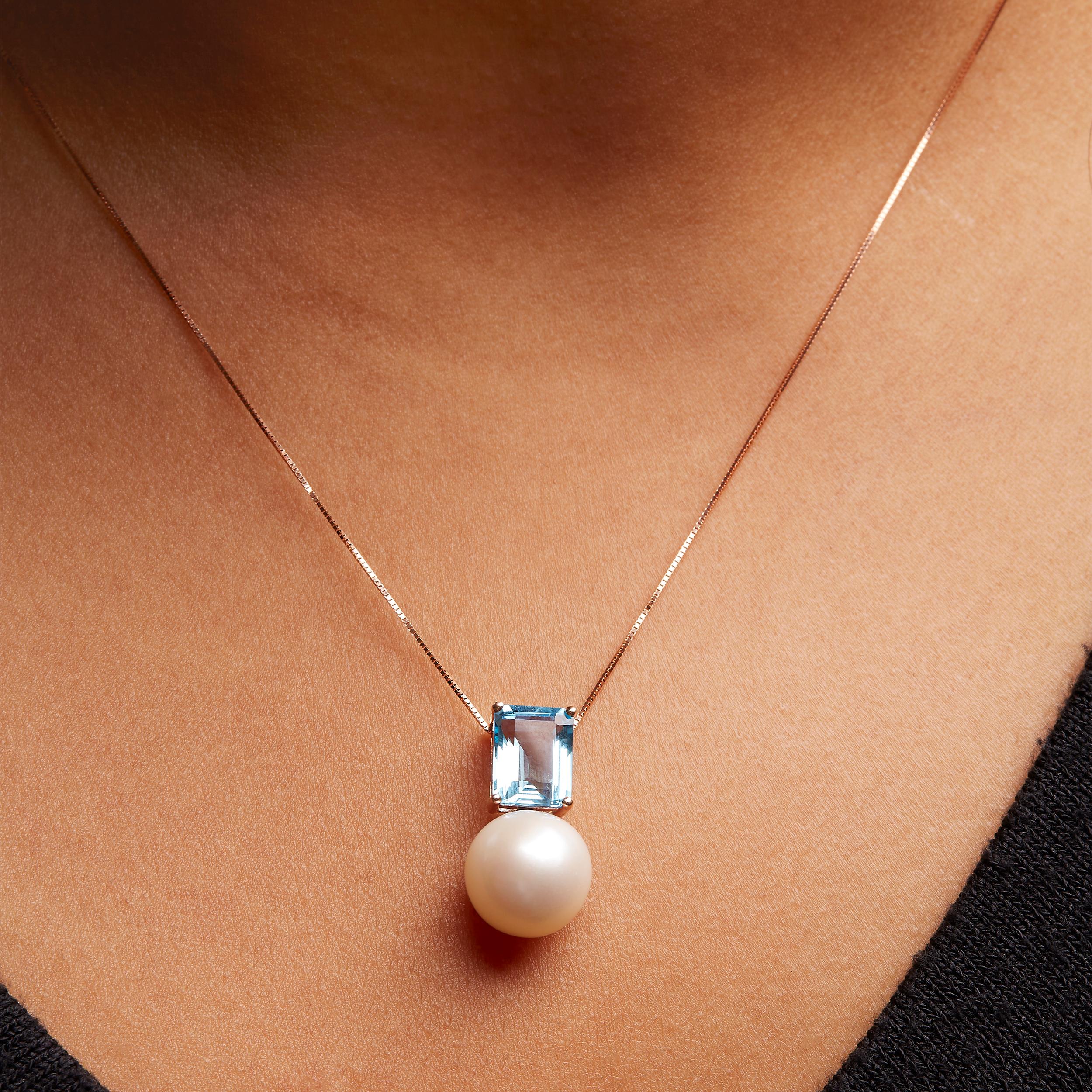 Octagon Cut 14K Rose Gold Freshwater Pearl and Octagon Swiss Blue Topaz Pendant Necklace For Sale