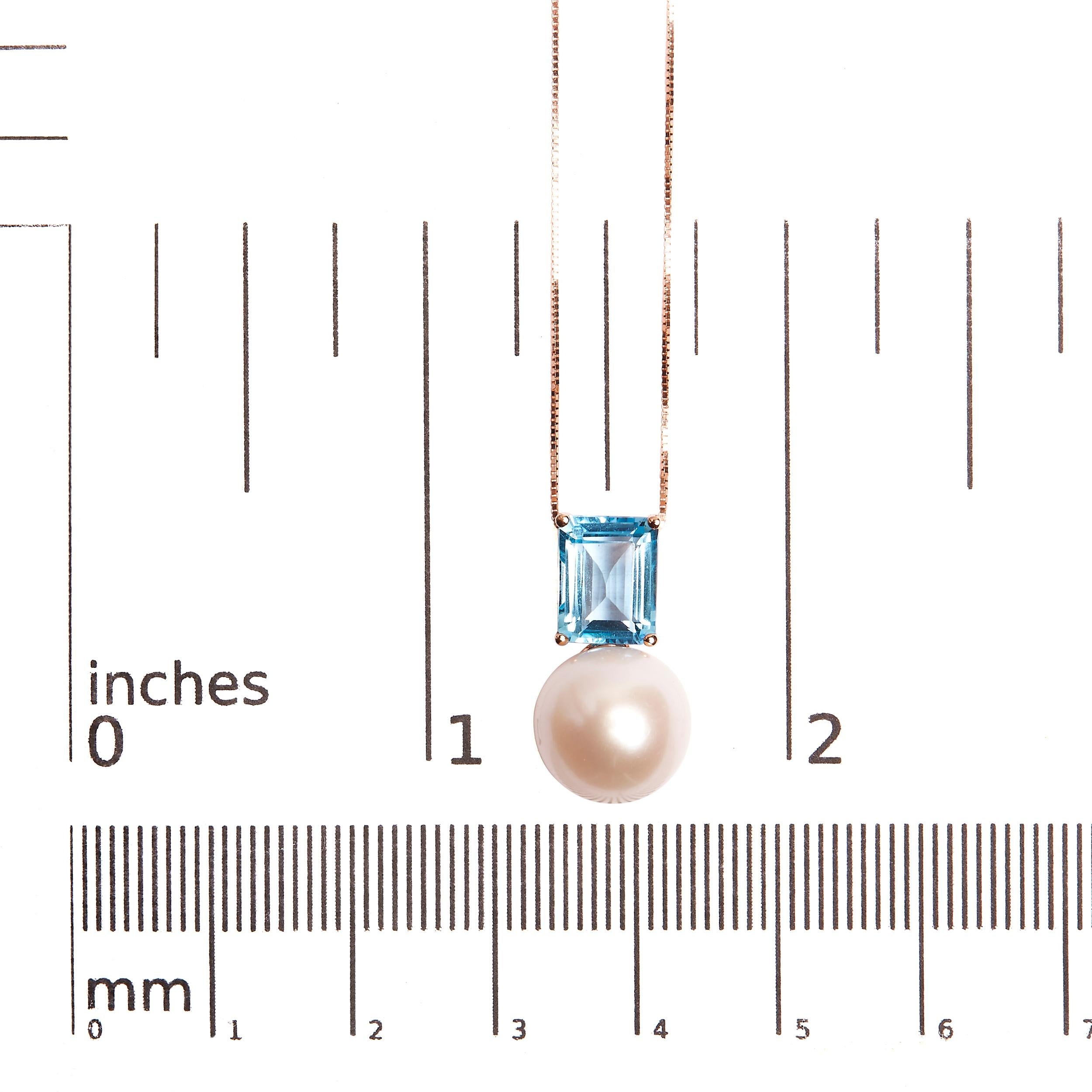 14K Rose Gold Freshwater Pearl and Octagon Swiss Blue Topaz Pendant Necklace In New Condition For Sale In New York, NY