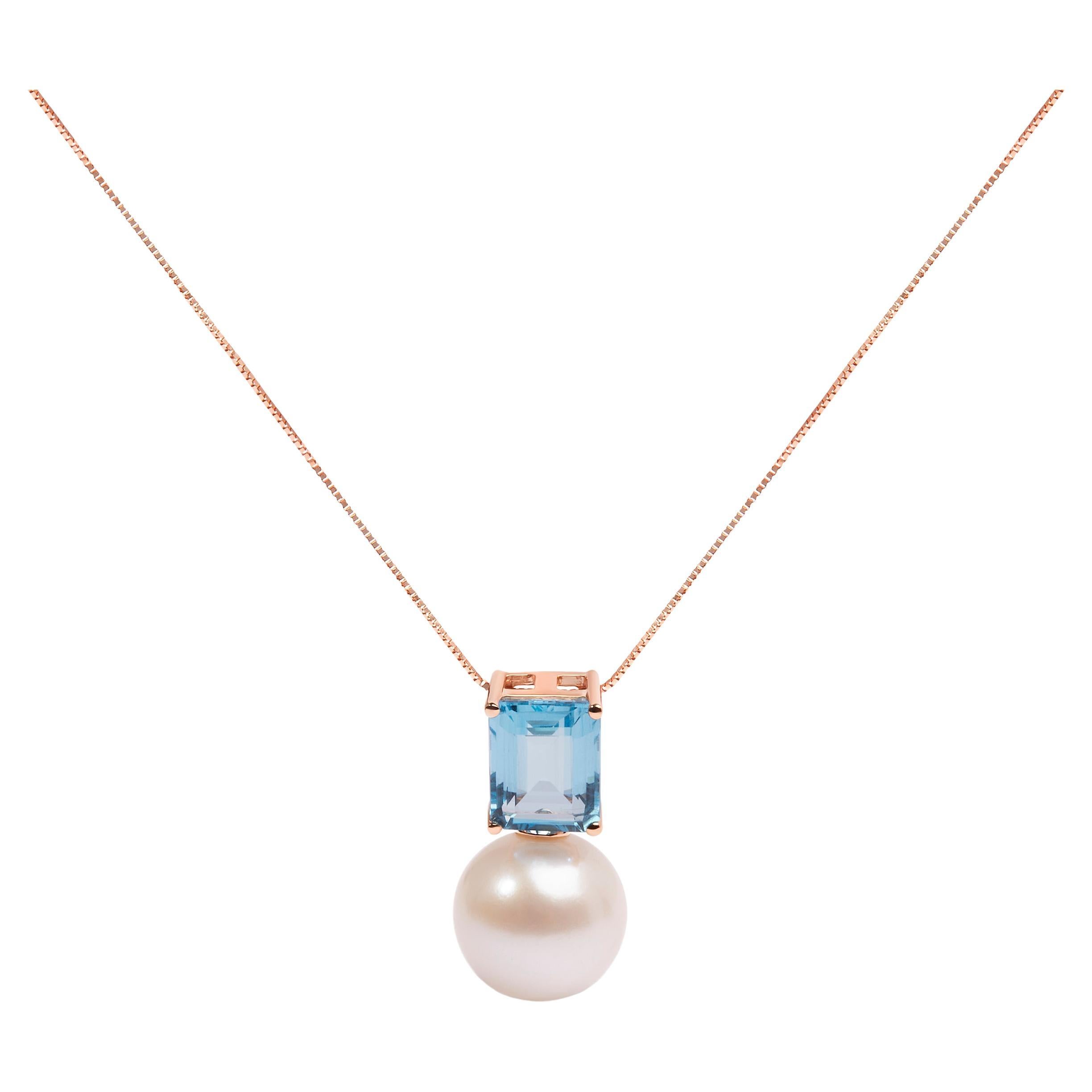 14K Rose Gold Freshwater Pearl and Octagon Swiss Blue Topaz Pendant Necklace For Sale