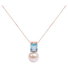 14K Rose Gold Freshwater Pearl and Octagon Swiss Blue Topaz Pendant Necklace
