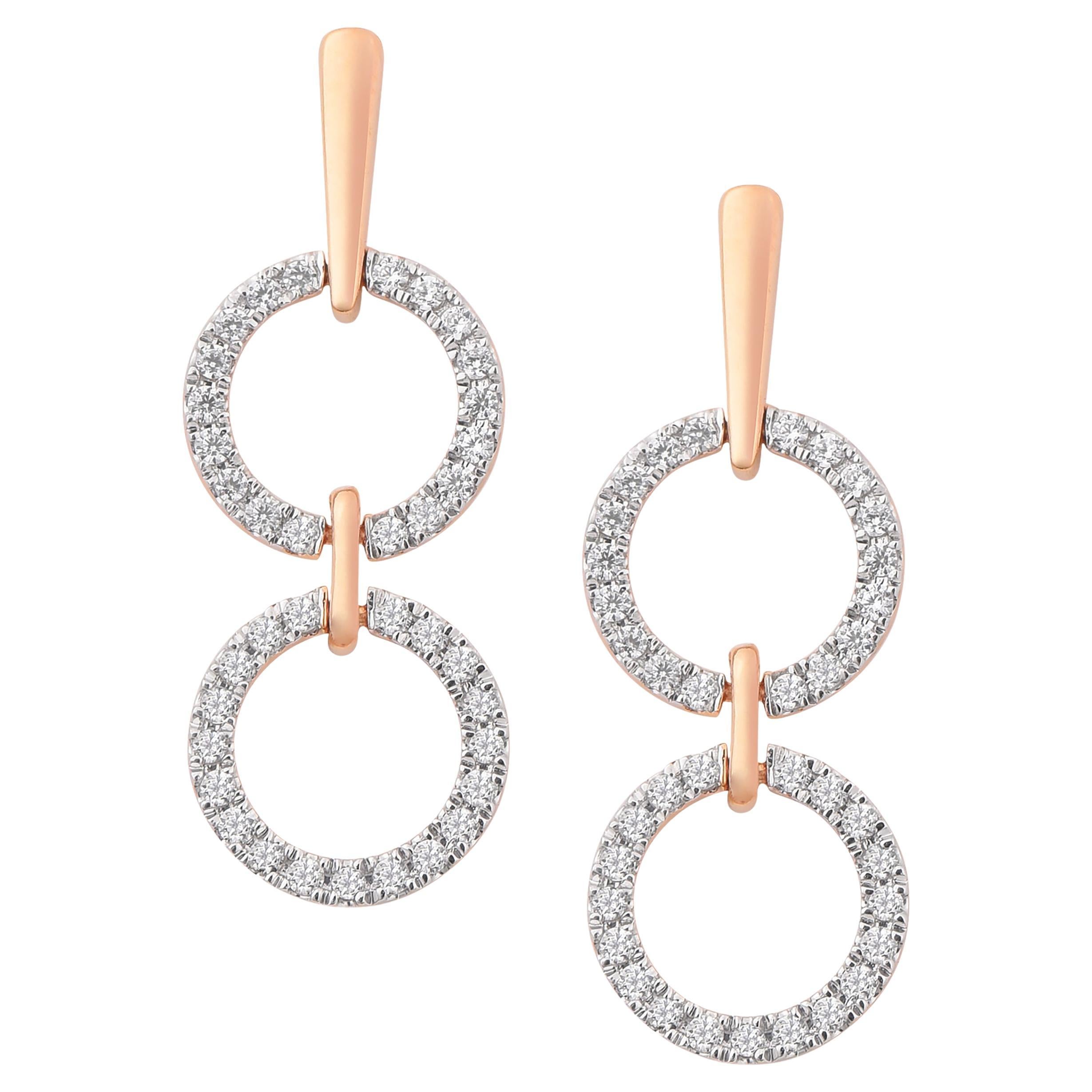14K Rose Gold Full Circle Link Dangling Diamond Earrings For Sale